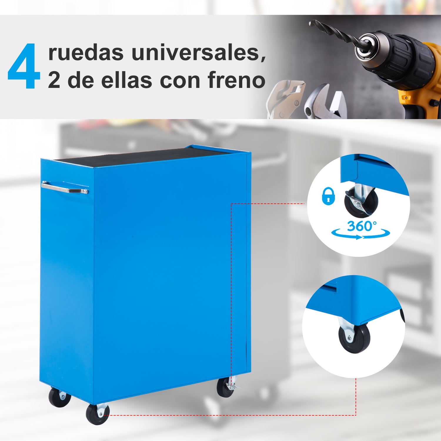 Mobile Tool Box Cart with 5 Drawers 4 Wheels Lockable Blue