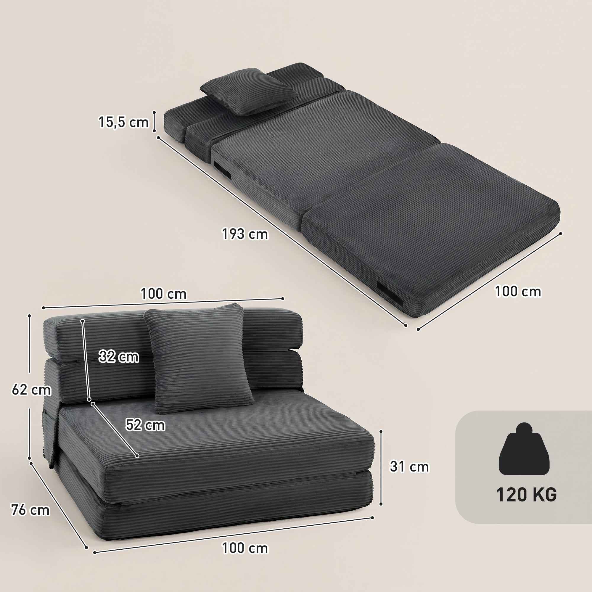 2-in-1 Folding Sleeper Chair — Foldable Sofa Bed with Corduroy Upholstery, Padded Folding Mattress, Guest Floor Chair for Bedroom & Living Room, 39.4 x 29.9 x 24.4 in, Dark Gray