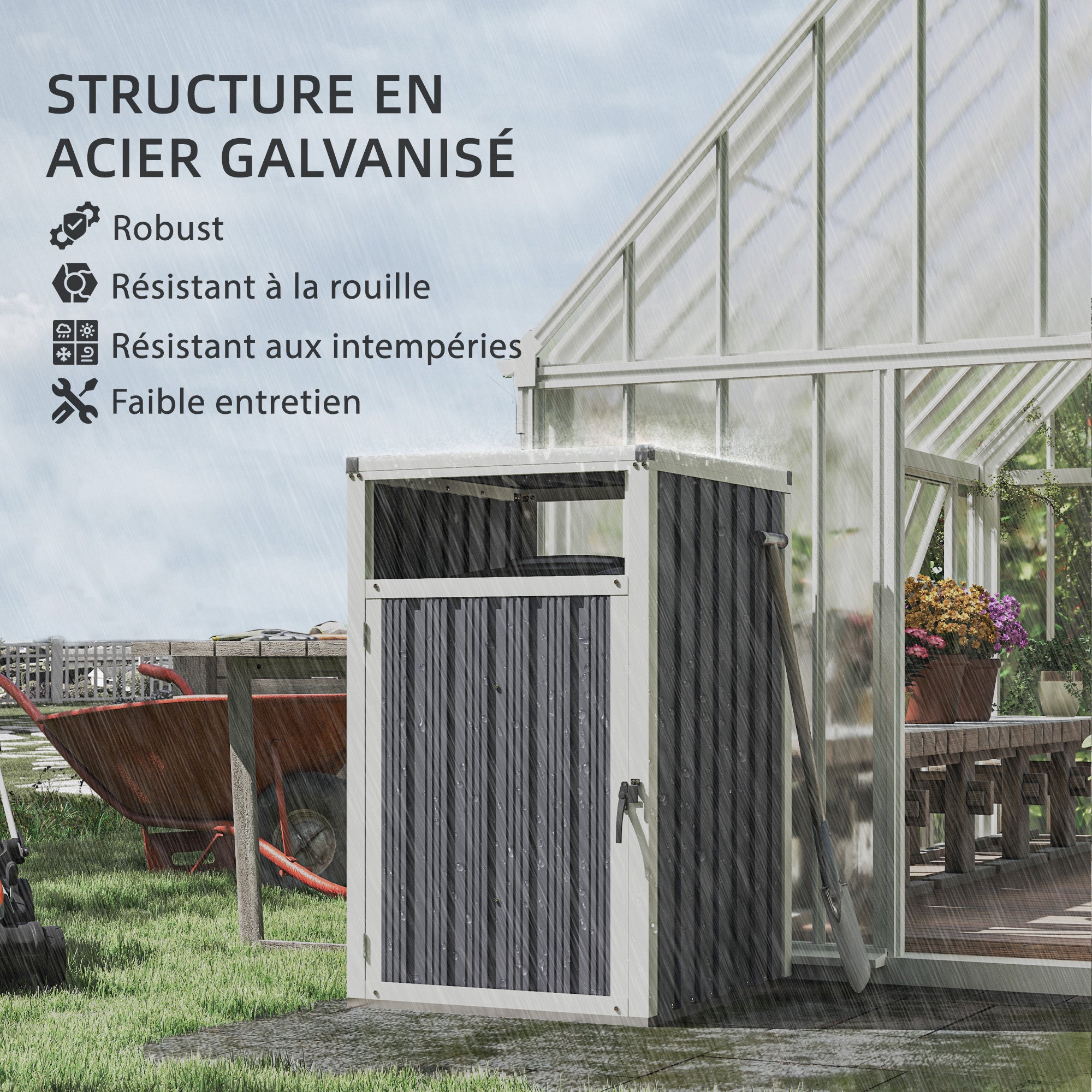 240L Outdoor Trash Can Cover, Single trash can cover, door with handle, 180° flip-top lid, galvanized steel, 73 x 81 x 122 cm, dark gray