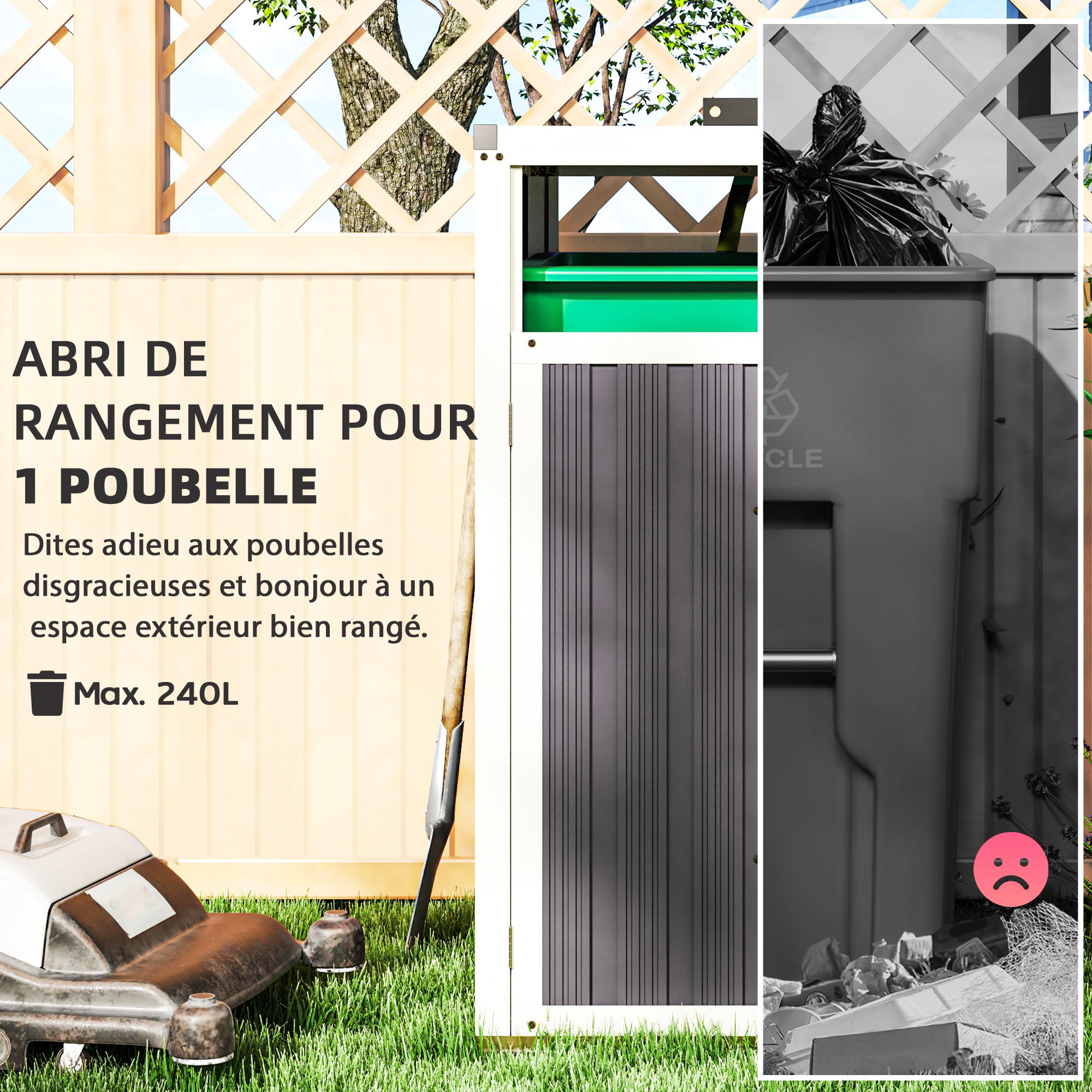 240L Outdoor Trash Can Cover, Single trash can cover, door with handle, 180° flip-top lid, galvanized steel, 73 x 81 x 122 cm, dark gray