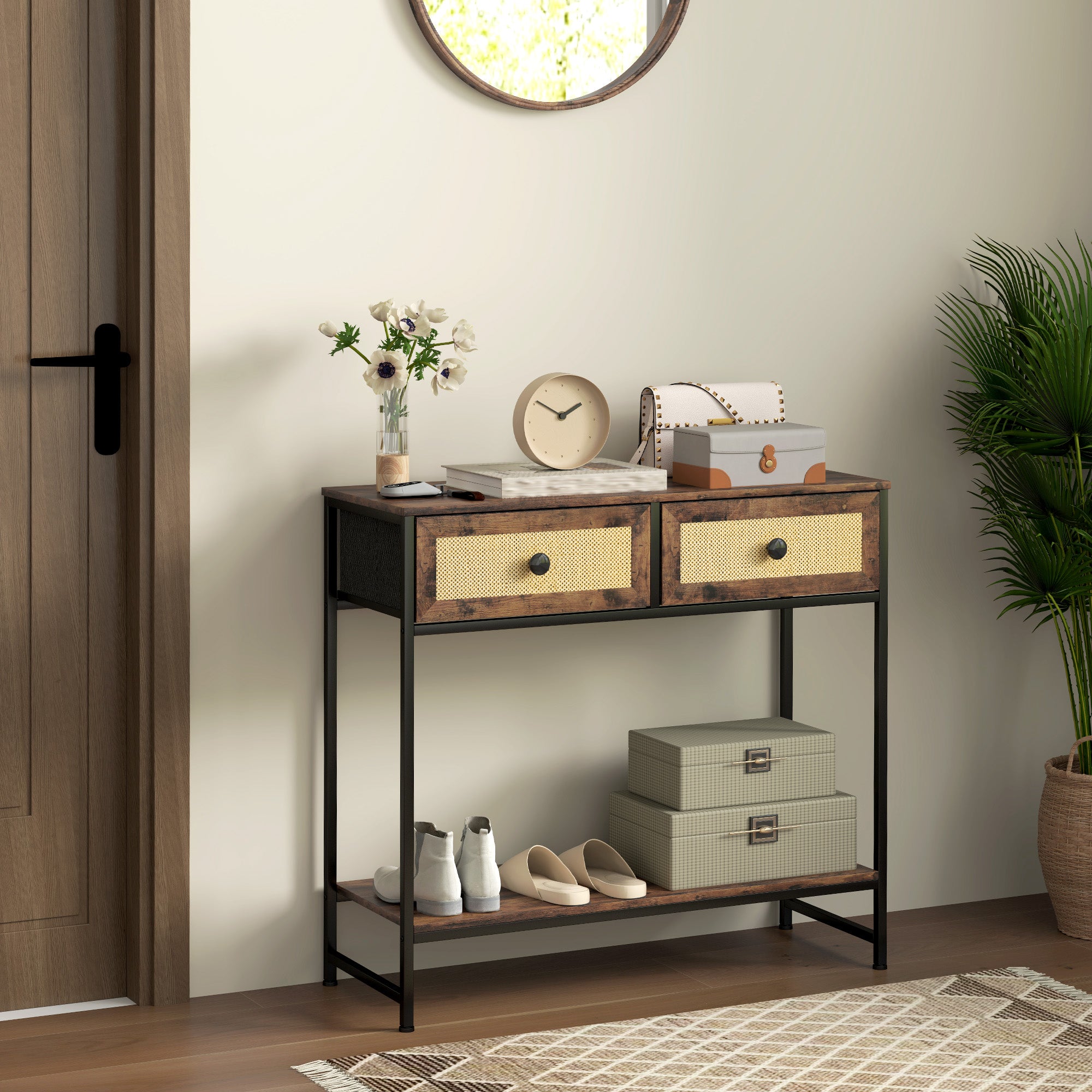 Console Table Entryway Table with Open Shelf and 2 Front Rattan Drawers Entryway Console Hallway 80x30x75 cm Rustic Brown