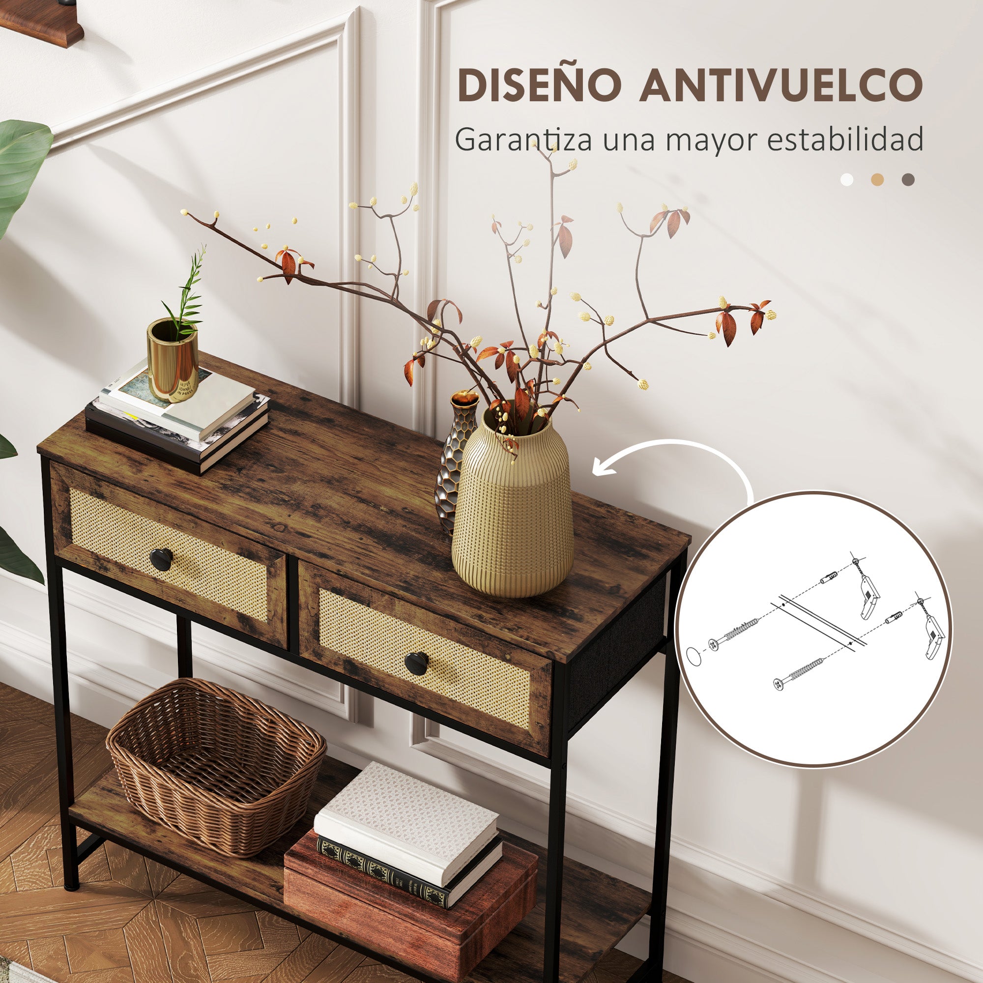 Console Table Entryway Table with Open Shelf and 2 Front Rattan Drawers Entryway Console Hallway 80x30x75 cm Rustic Brown