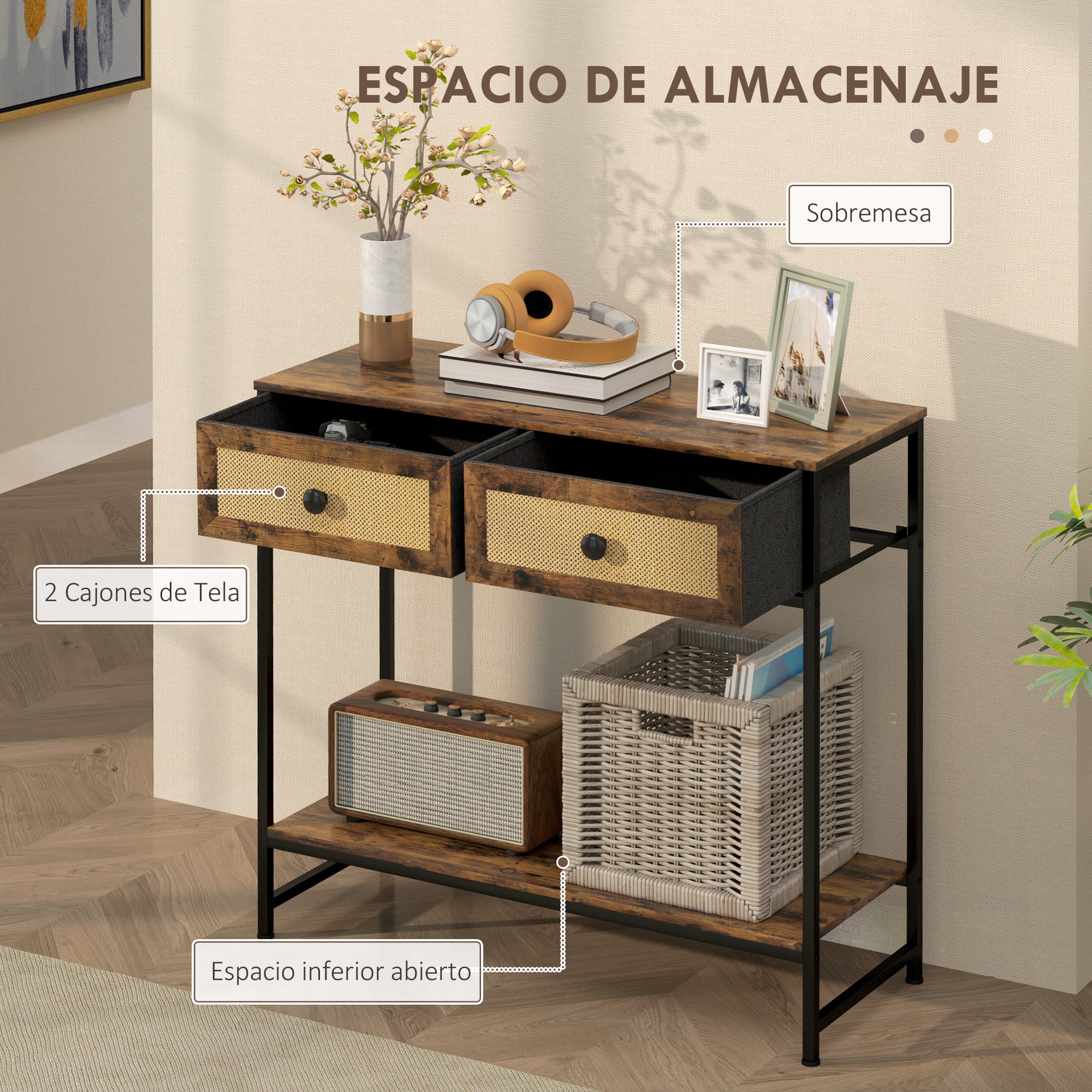 Console Table Entryway Table with Open Shelf and 2 Front Rattan Drawers Entryway Console Hallway 80x30x75 cm Rustic Brown