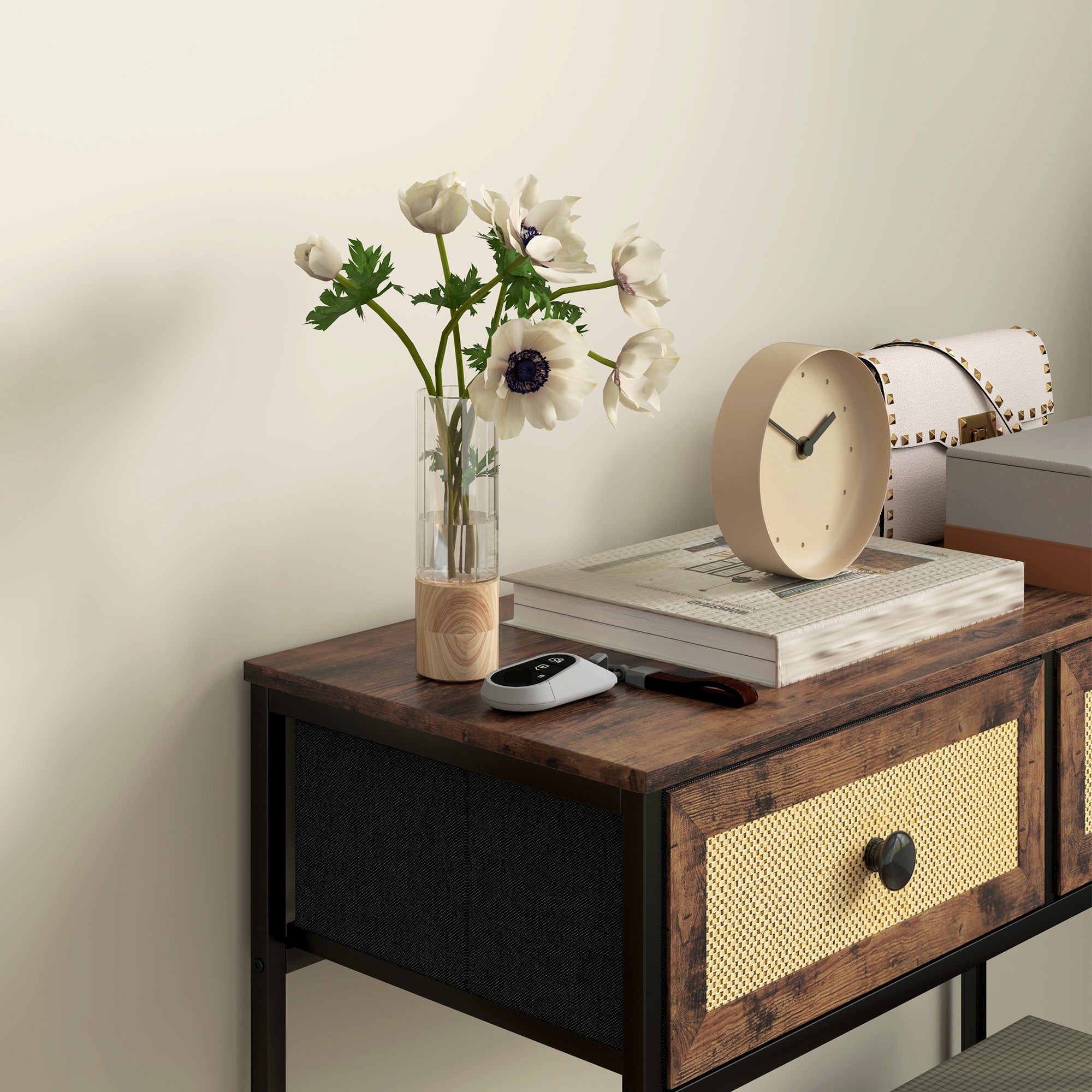 Console Table Entryway Table with Open Shelf and 2 Front Rattan Drawers Entryway Console Hallway 80x30x75 cm Rustic Brown