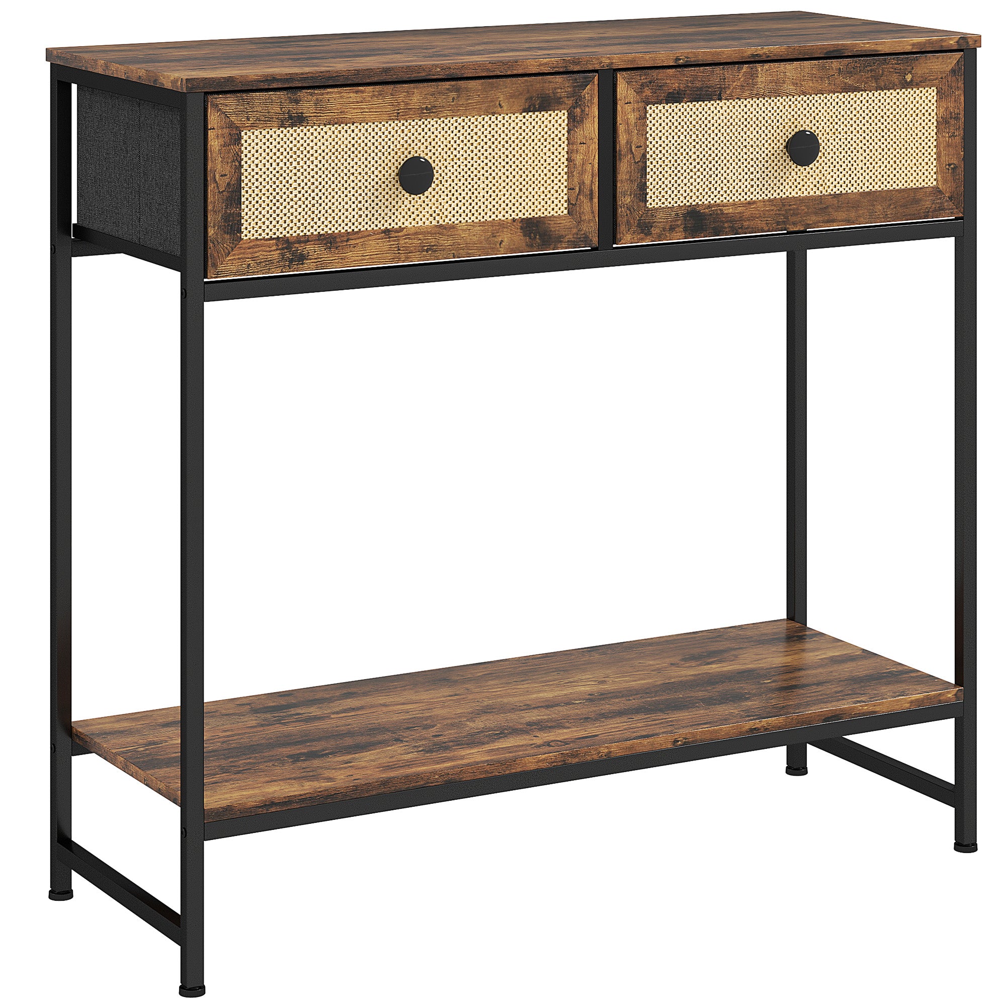 Console Table Entryway Table with Open Shelf and 2 Front Rattan Drawers Entryway Console Hallway 80x30x75 cm Rustic Brown