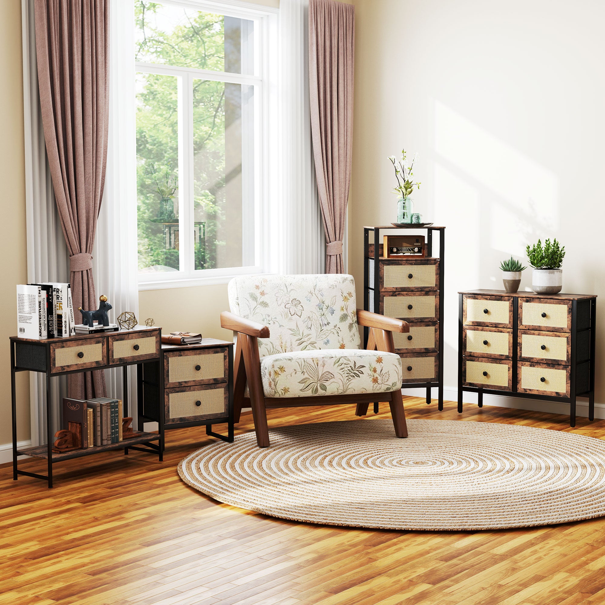Console Table Entryway Table with Open Shelf and 2 Front Rattan Drawers Entryway Console Hallway 80x30x75 cm Rustic Brown