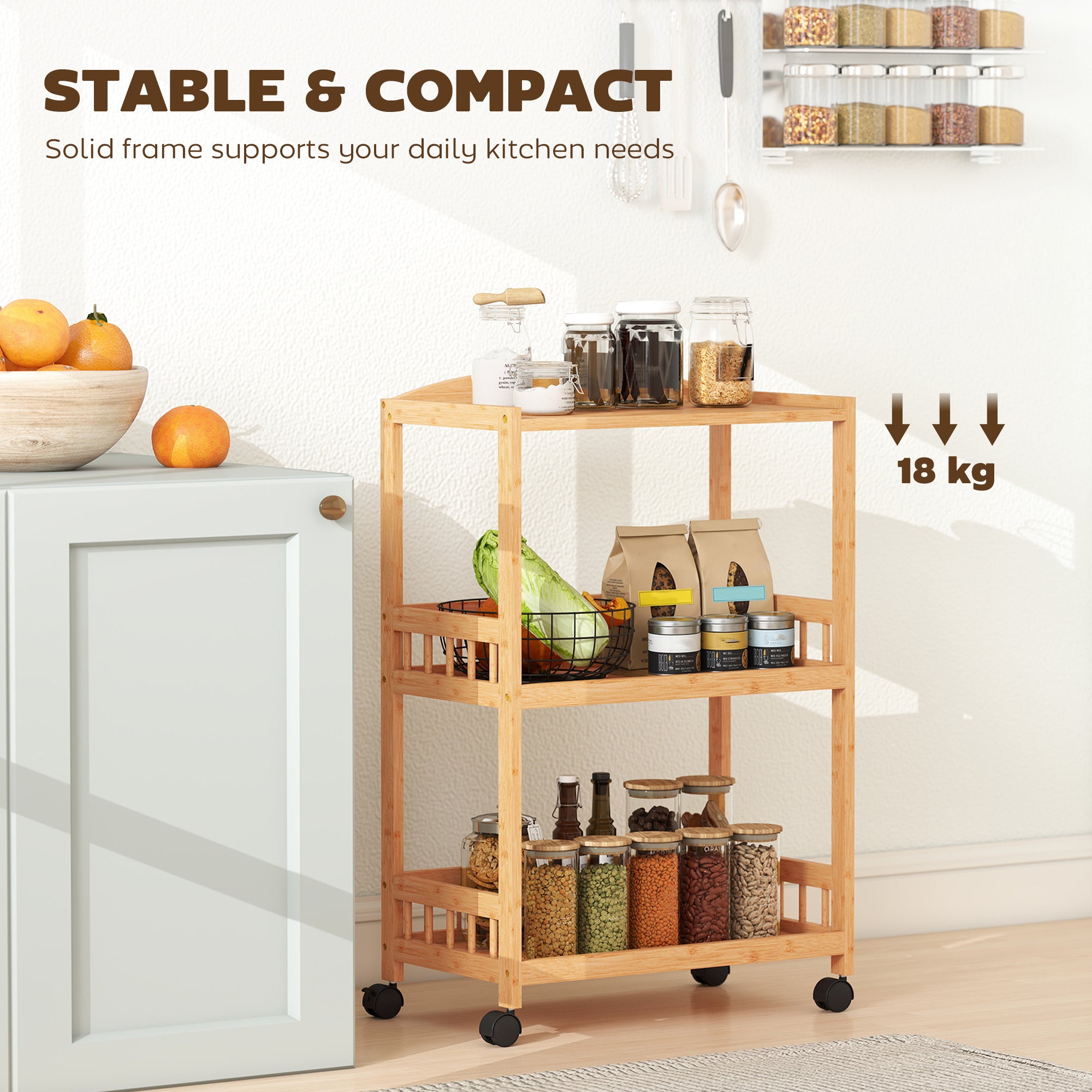3-Tier Rolling Kitchen Cart — Bamboo Serving Trolley with Storage Shelves on Wheels, All-Purpose Rolling Cart for Kitchen, Bathroom, Office & Living Room, Natural Wood