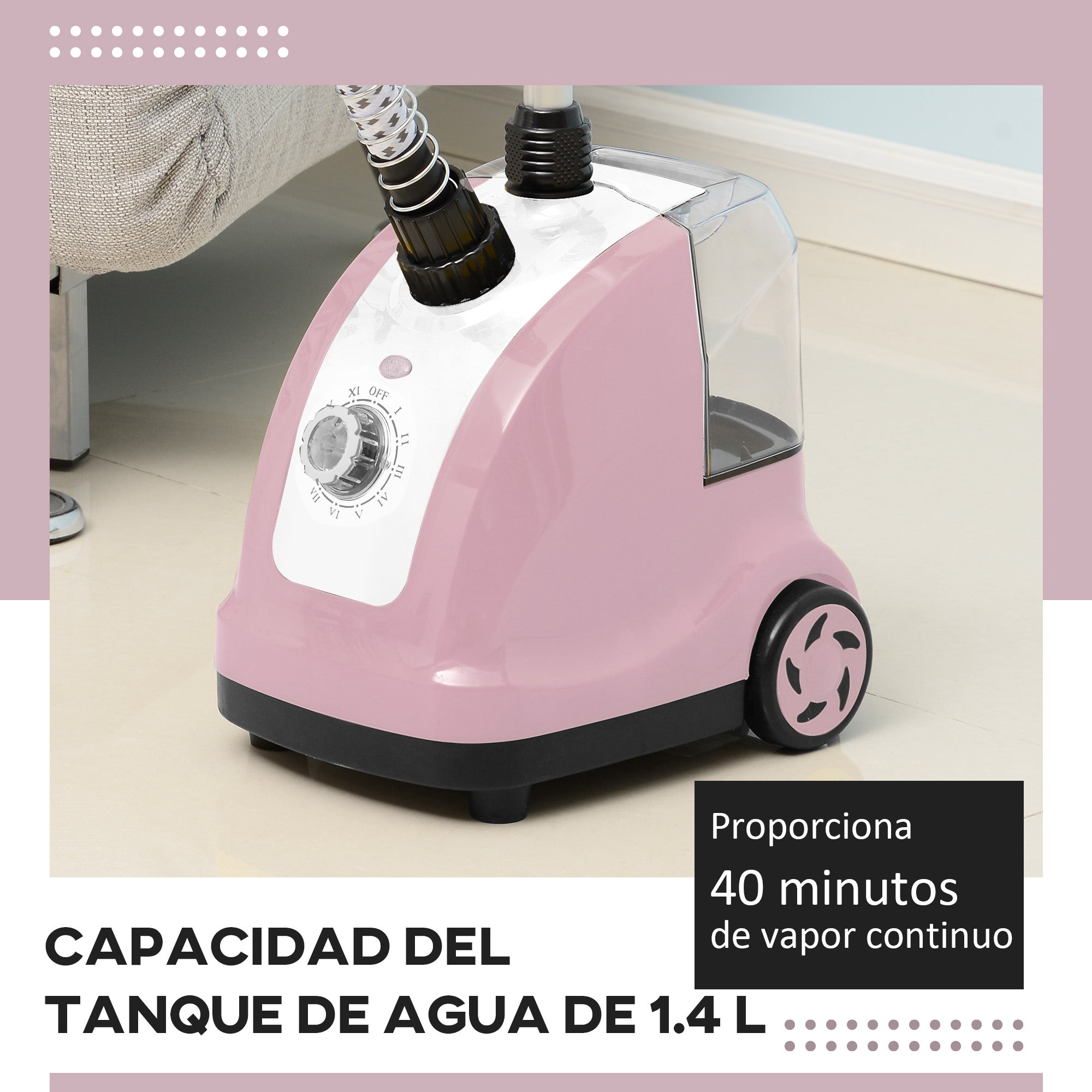 1.4L Tank Steam Iron with Adjustable Temperature at 11 Levels Vertical Ironing Center 1800W 26x21.5x146 cm Pink