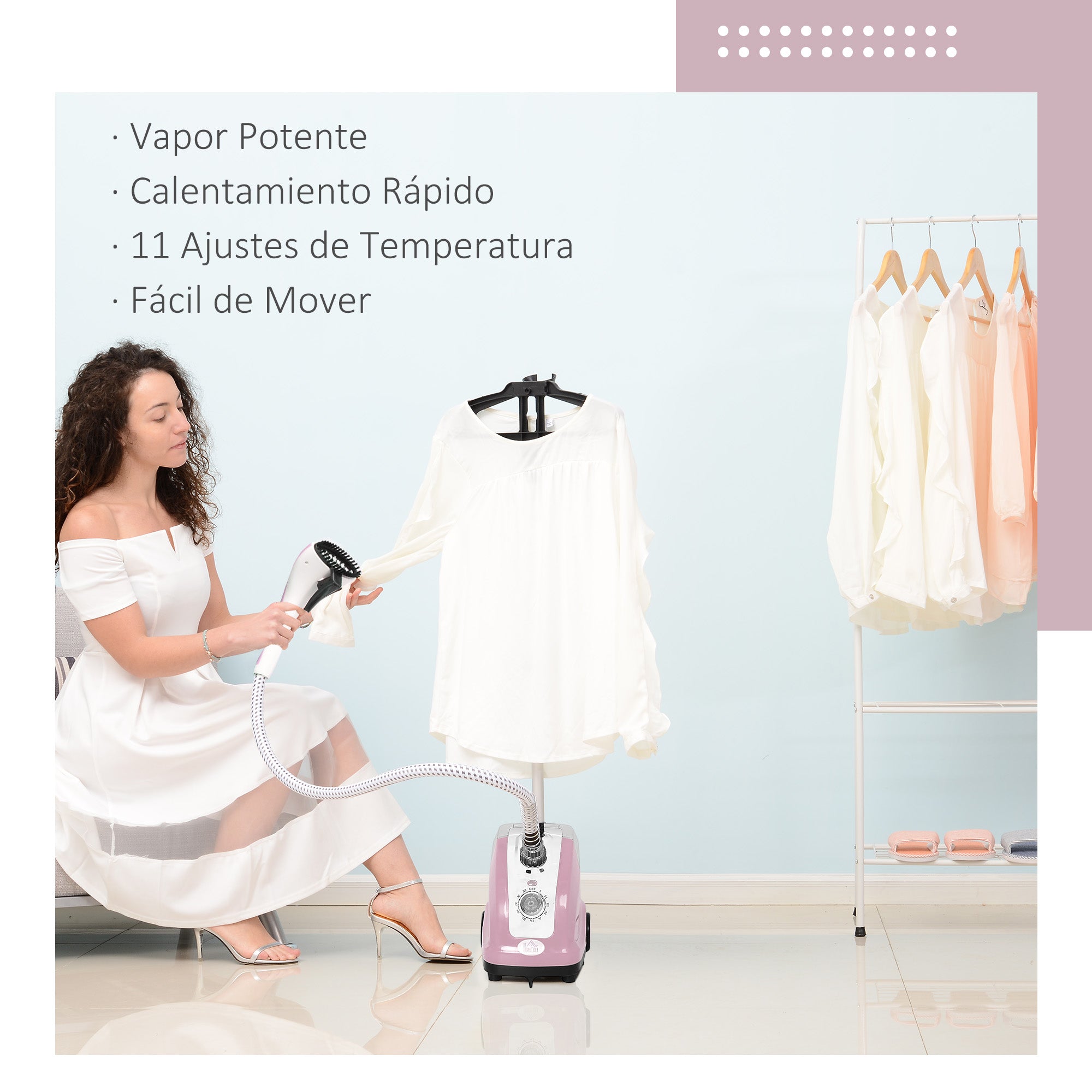 1.4L Tank Steam Iron with Adjustable Temperature at 11 Levels Vertical Ironing Center 1800W 26x21.5x146 cm Pink