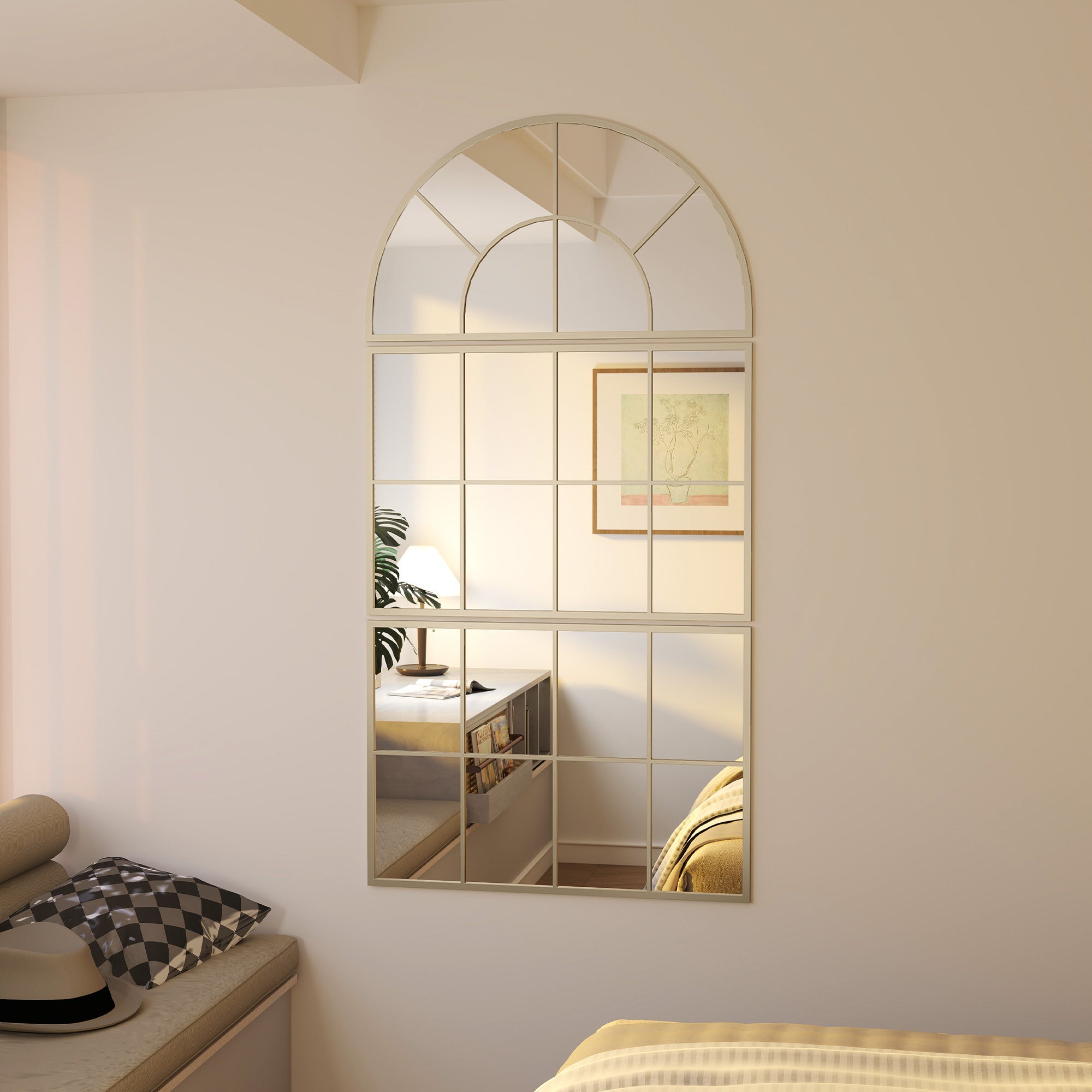 3-Piece Arched Window Wall Mirror, Gold Metal Frame — 30 x 59 in (76 x 150 cm)