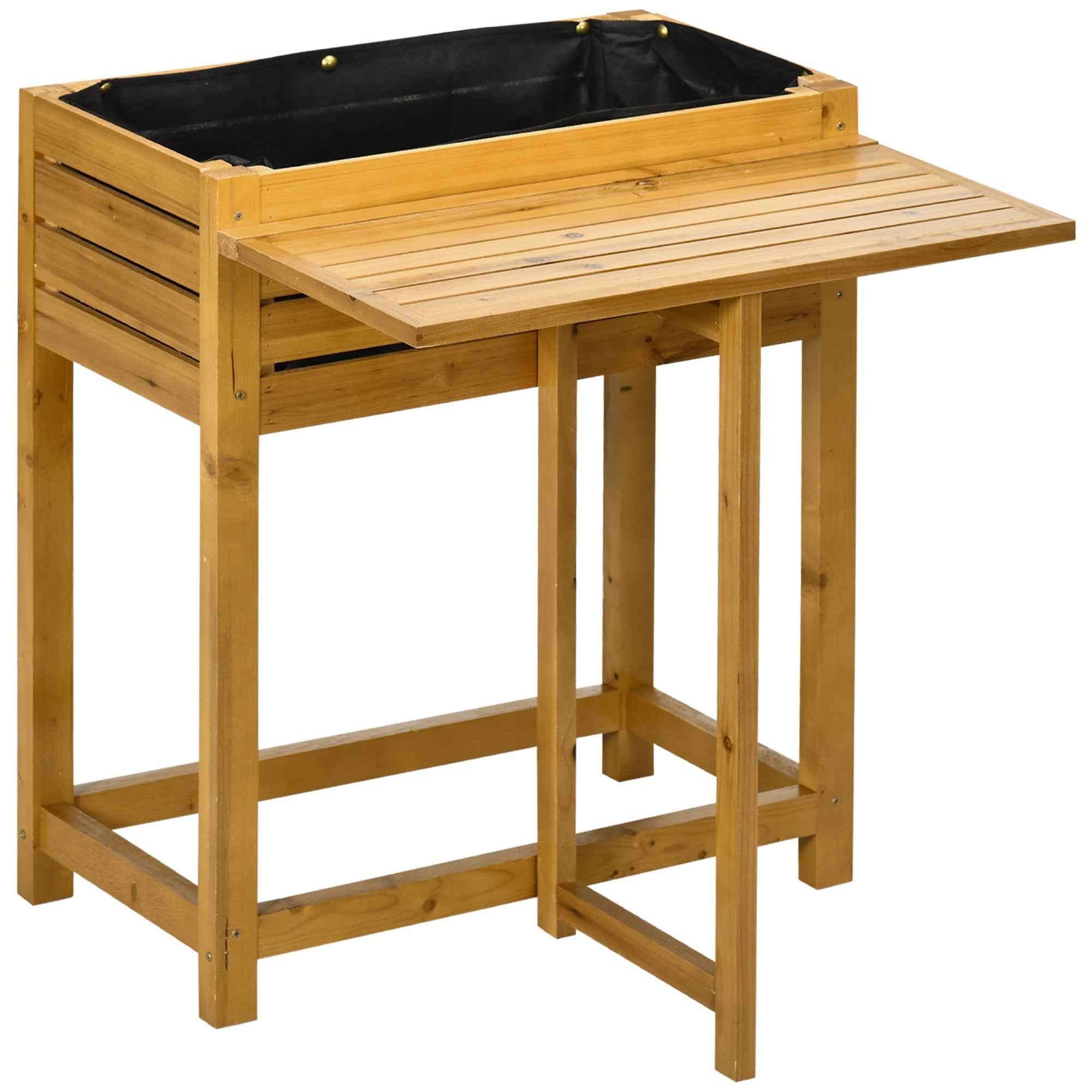 Raised Bed Planter Flower Box with Folding Tabletop, Herb Bed with Fleece Inner Lining, for Garden, Terrace, Wood, Brown, 64 x 63 x 74.5 cm