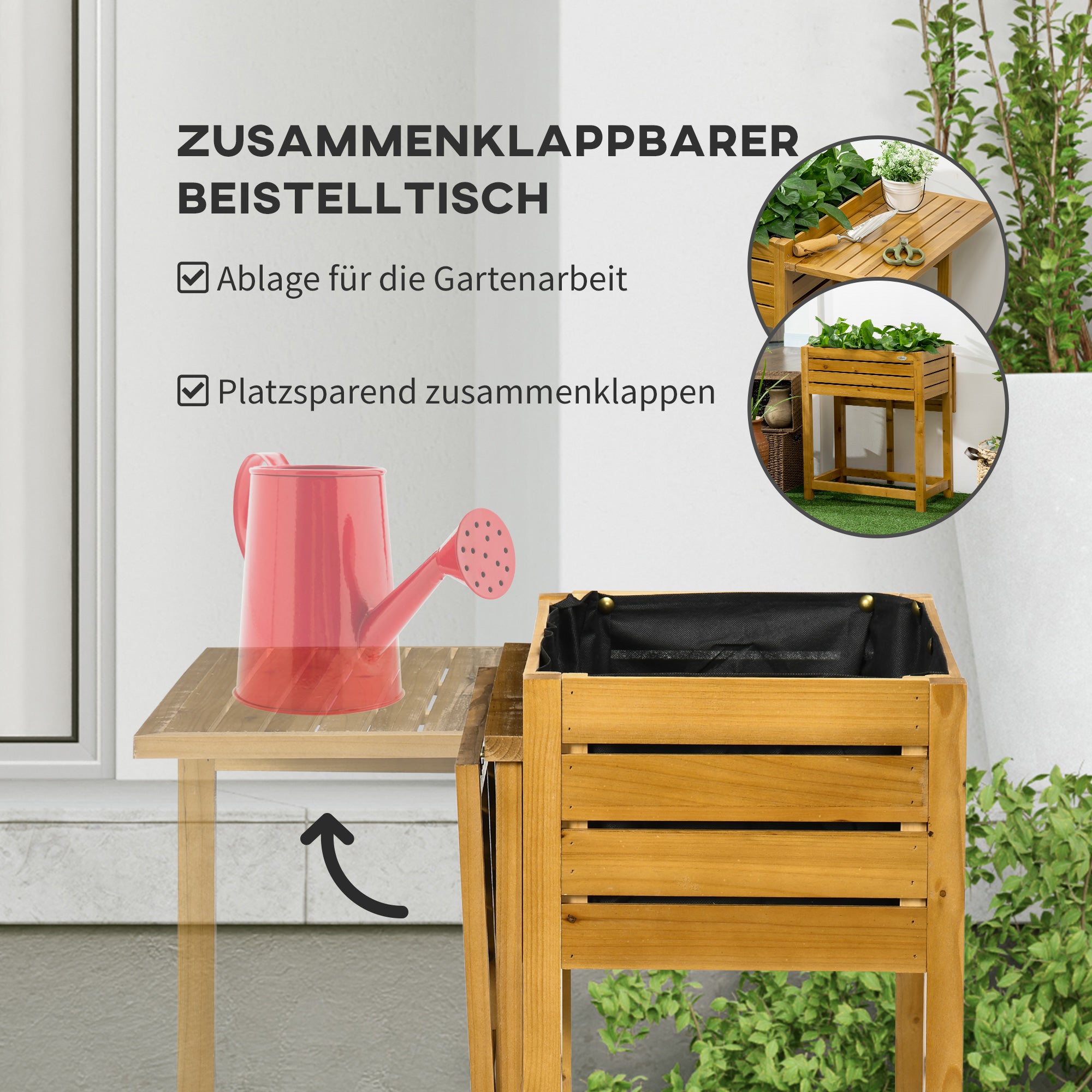 Raised Bed Planter Flower Box with Folding Tabletop, Herb Bed with Fleece Inner Lining, for Garden, Terrace, Wood, Brown, 64 x 63 x 74.5 cm