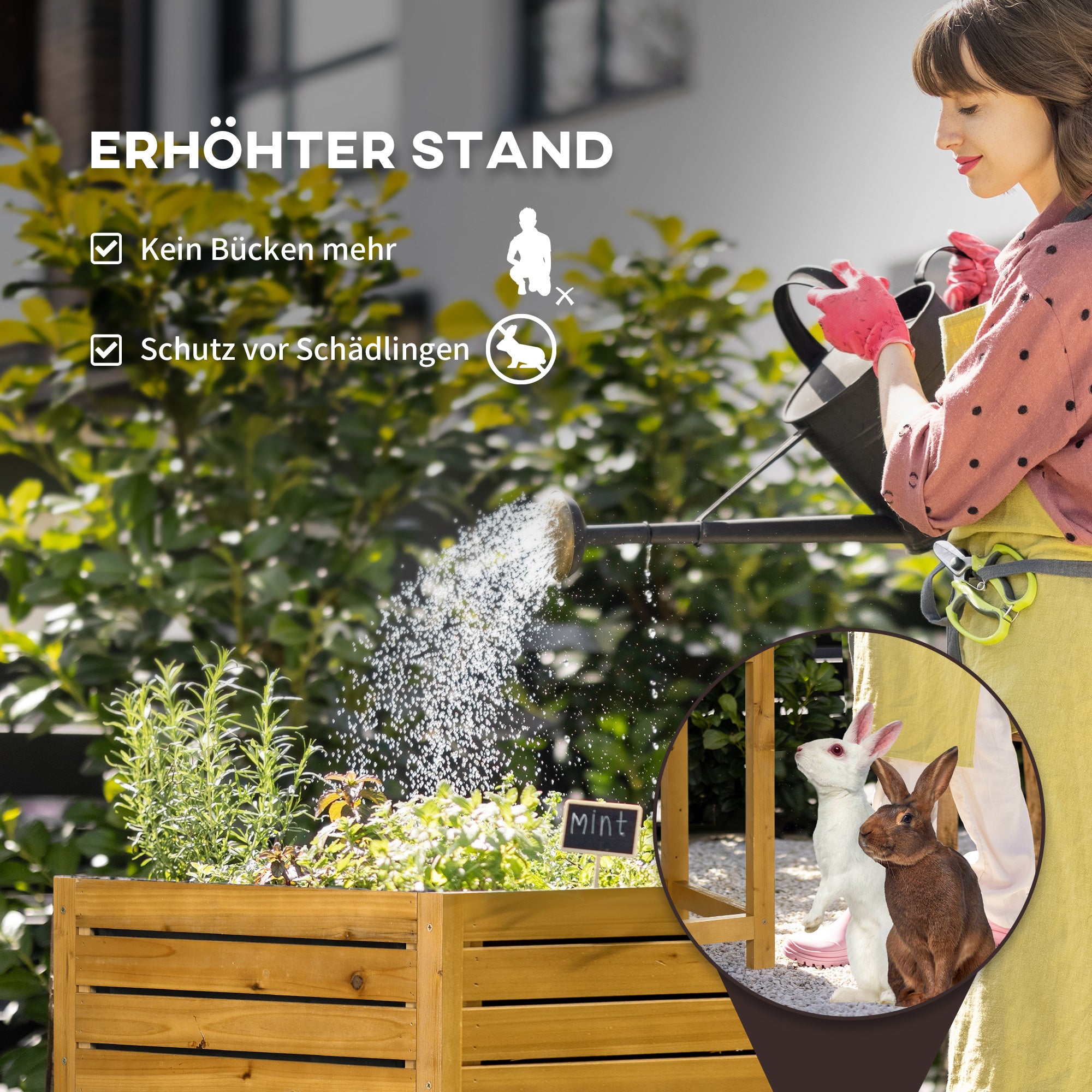 Raised Bed Planter Flower Box with Folding Tabletop, Herb Bed with Fleece Inner Lining, for Garden, Terrace, Wood, Brown, 64 x 63 x 74.5 cm