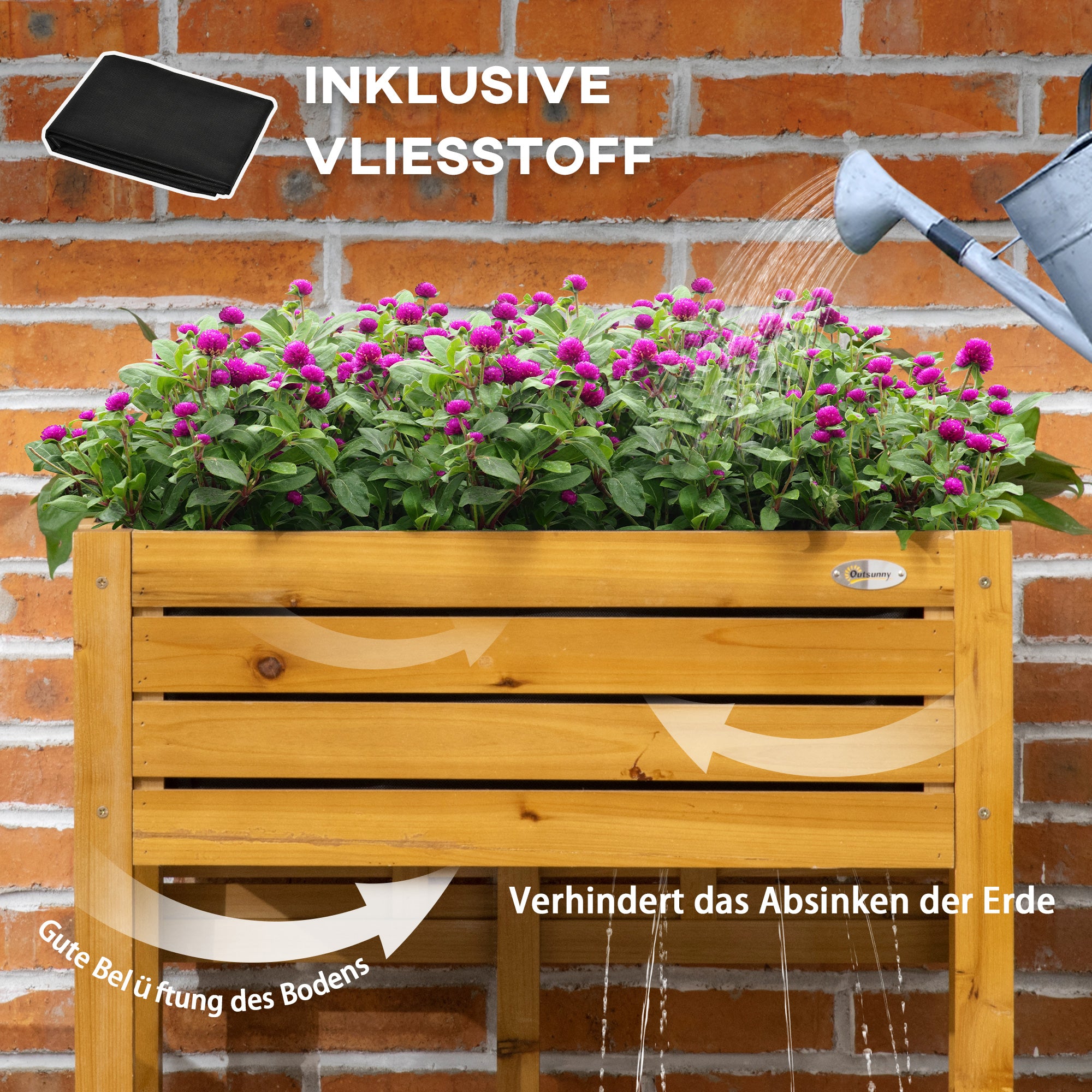 Raised Bed Planter Flower Box with Folding Tabletop, Herb Bed with Fleece Inner Lining, for Garden, Terrace, Wood, Brown, 64 x 63 x 74.5 cm