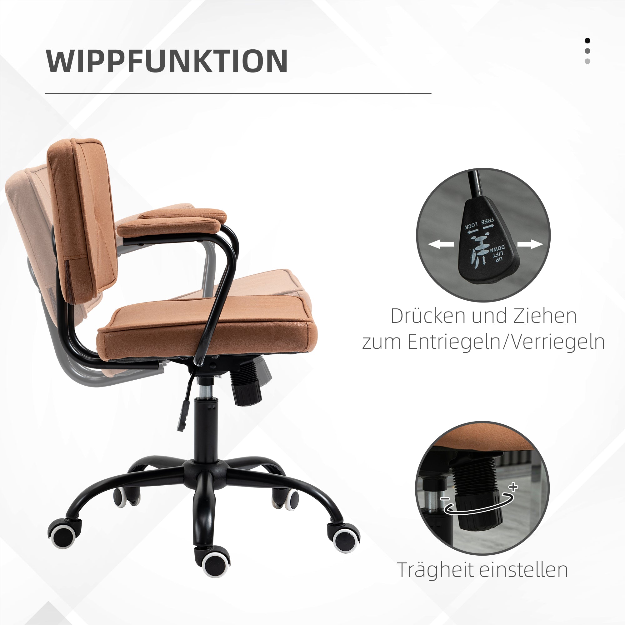 Office Chair with Casters Swivel Desk Chair for Office Height Adjustable with Rocking Function 360-Degree Rotation Tiltable Foam Brown 61 x 58 x 82-91 cm