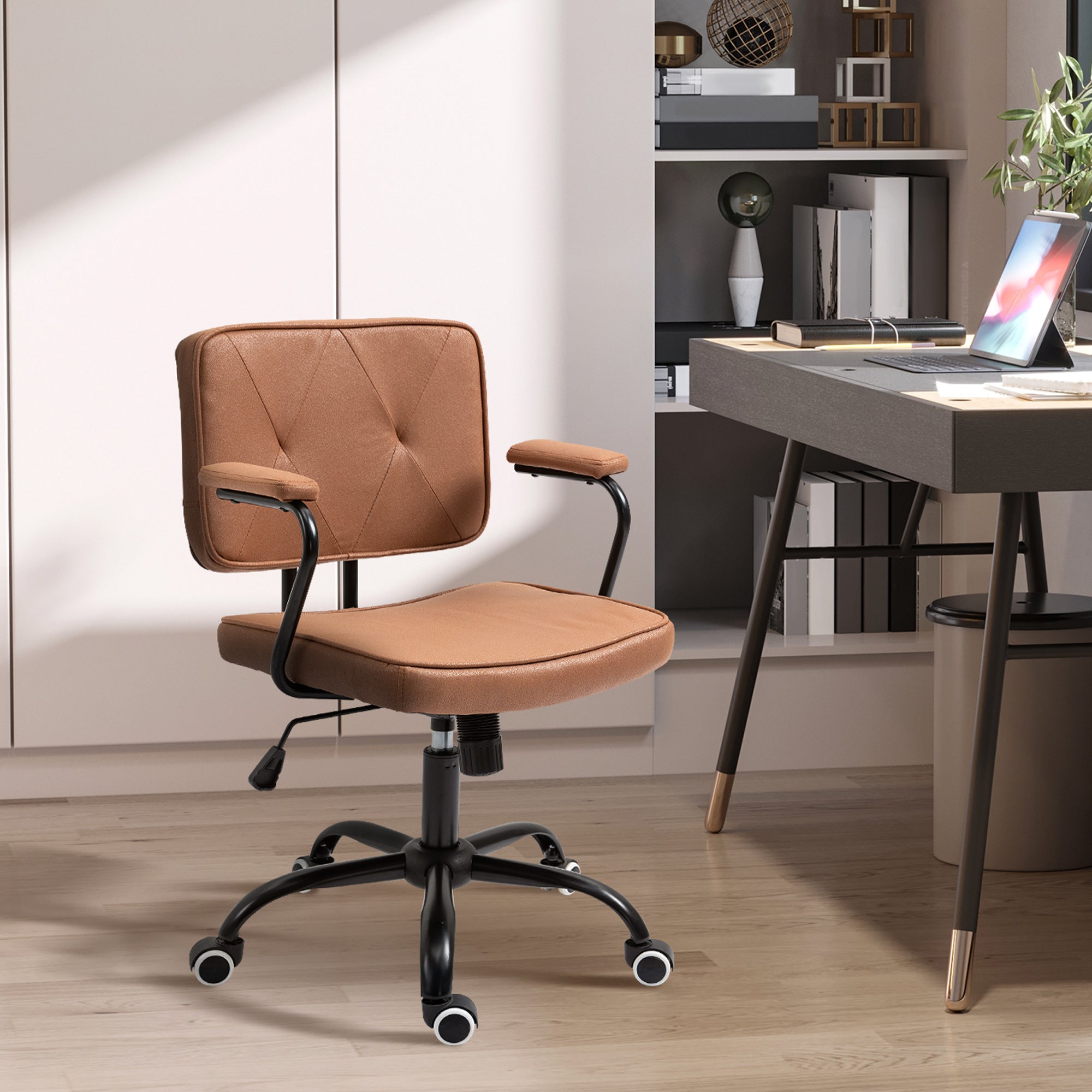 Office Chair with Casters Swivel Desk Chair for Office Height Adjustable with Rocking Function 360-Degree Rotation Tiltable Foam Brown 61 x 58 x 82-91 cm