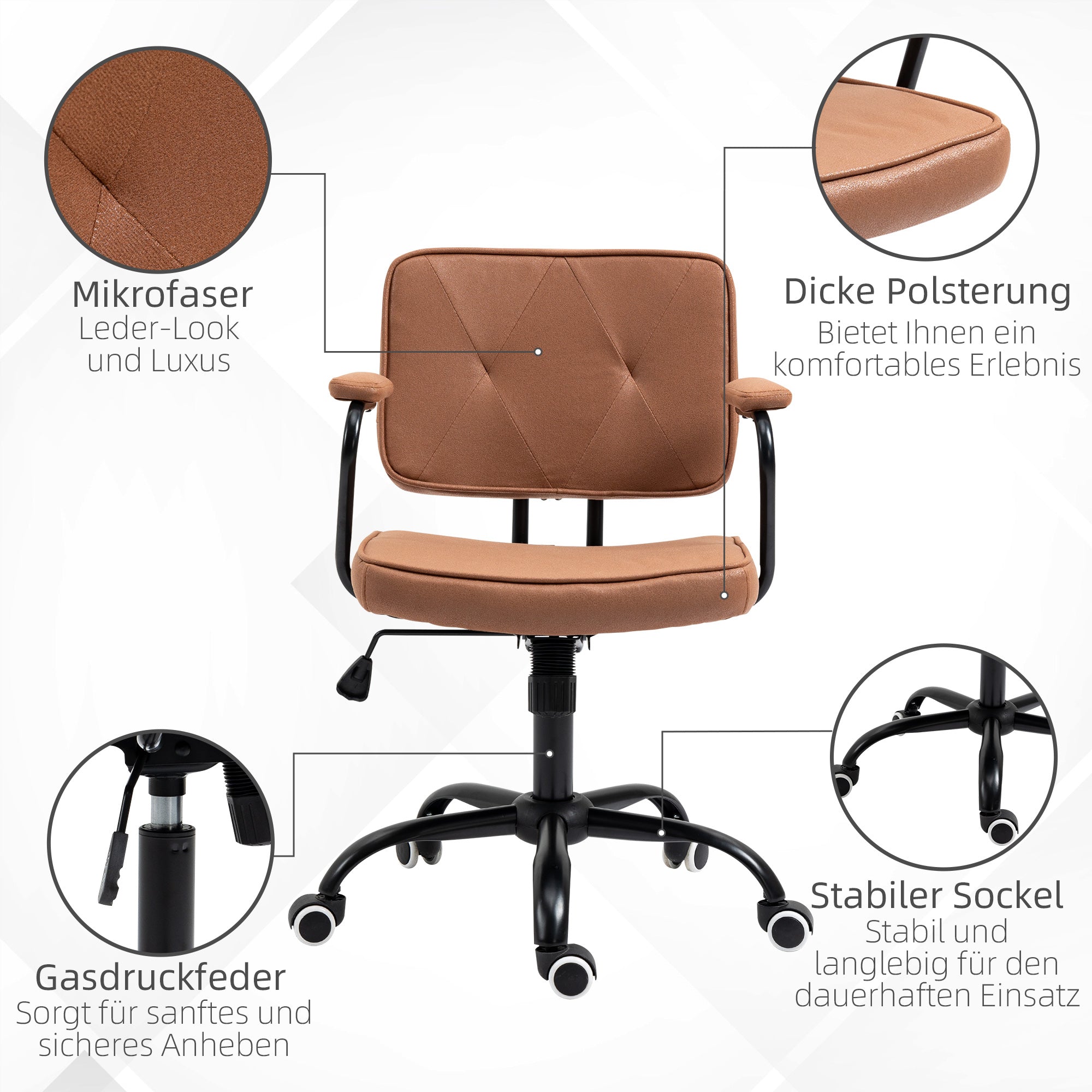 Office Chair with Casters Swivel Desk Chair for Office Height Adjustable with Rocking Function 360-Degree Rotation Tiltable Foam Brown 61 x 58 x 82-91 cm