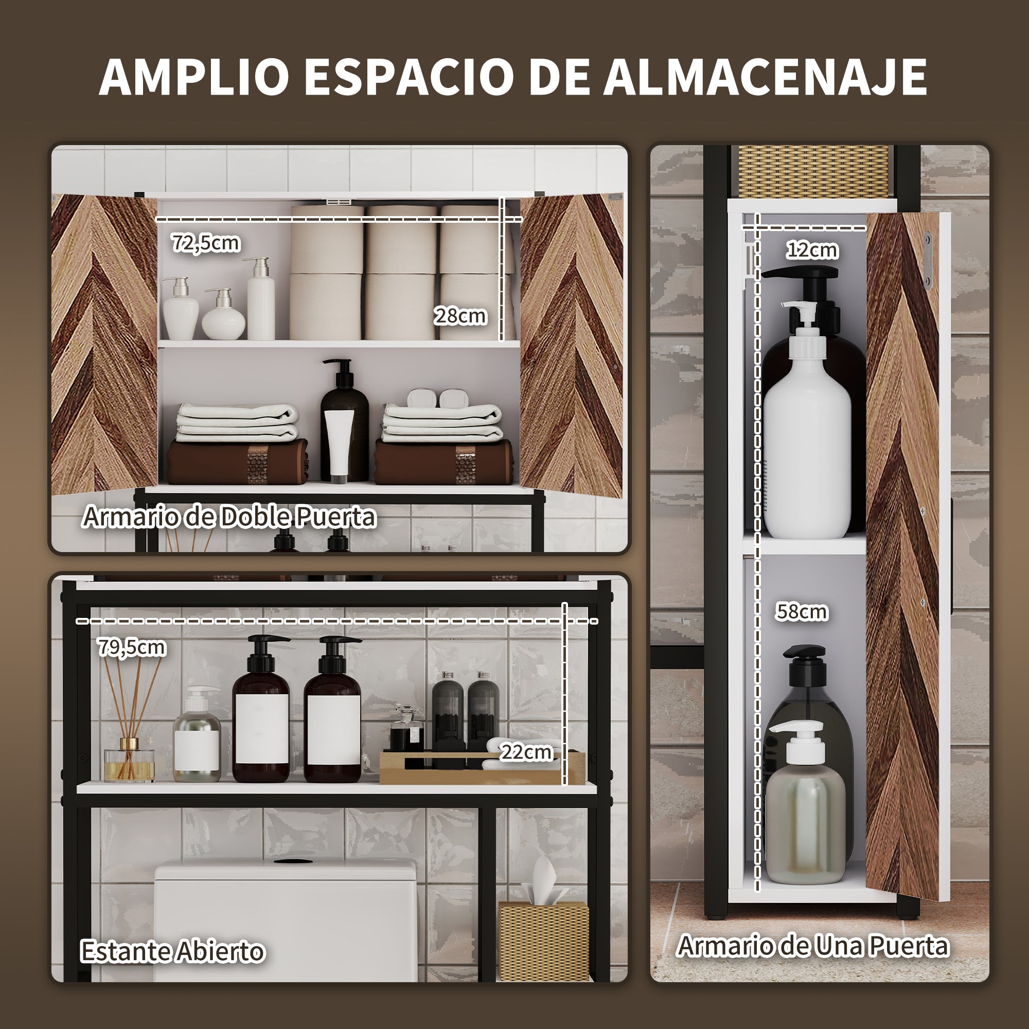 Over Toilet Cabinet Over Toilet Cabinet with 3 Doors 2 Adjustable Shelves and Open Compartment Bathroom Furniture 79.5x23x178 cm Multicolor