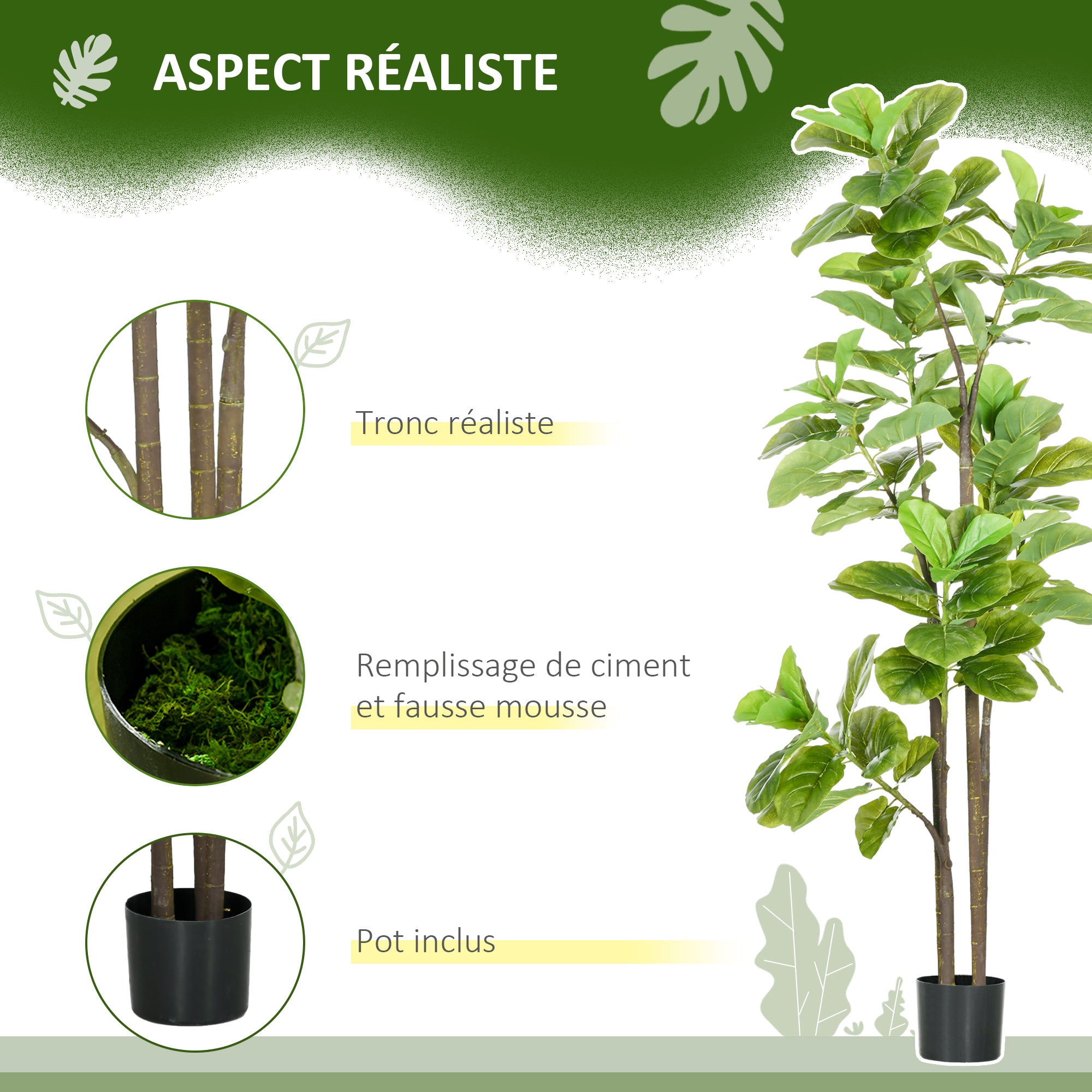 Set of 2 Artificial Plants Fiddle Leaf Fig Ficus Lyrata 180cm Tall with Pot, Large Artificial Tree for Decoration
