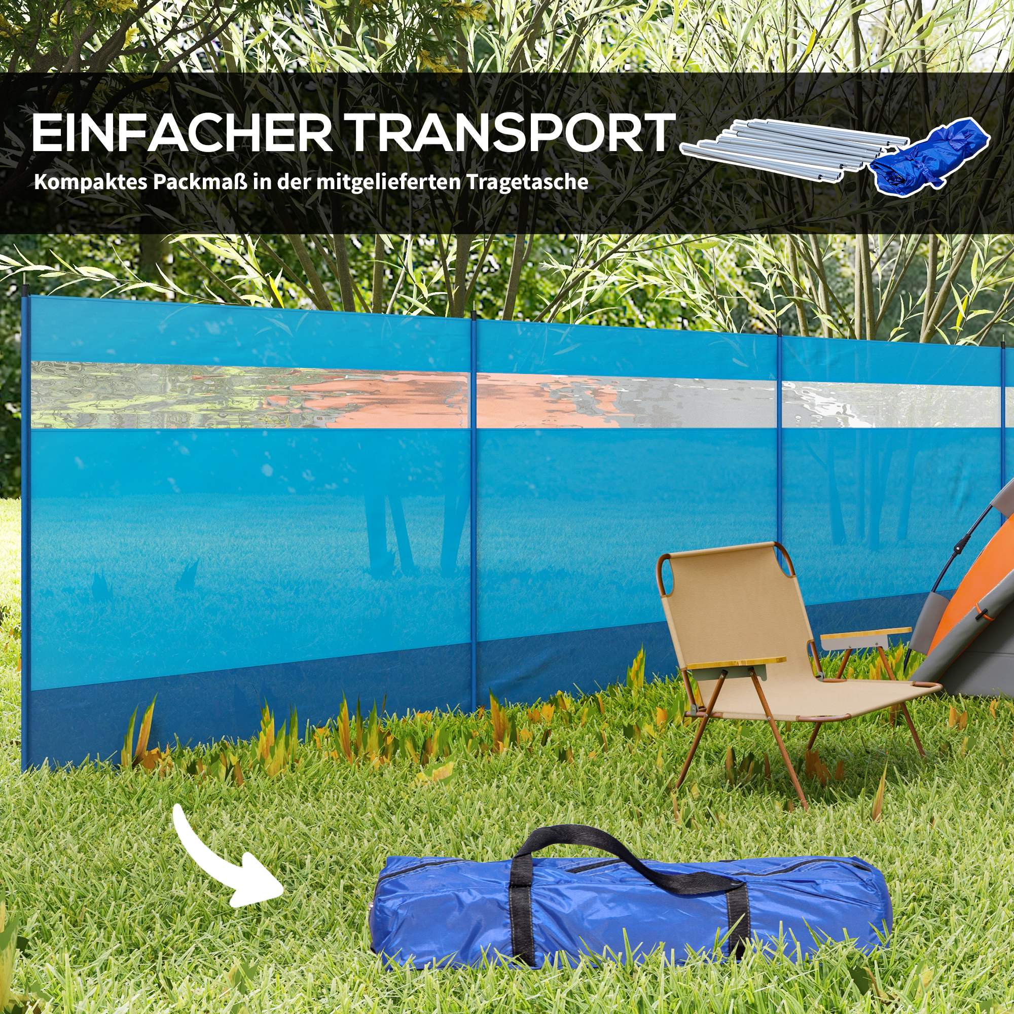 Foldable Windbreak Camping Privacy Screen with Light Window Poles Ropes Windshield Fence Beach Windshield Beach Protection for Camping Garden, Beach, Patio 725 x 140 cm Blue