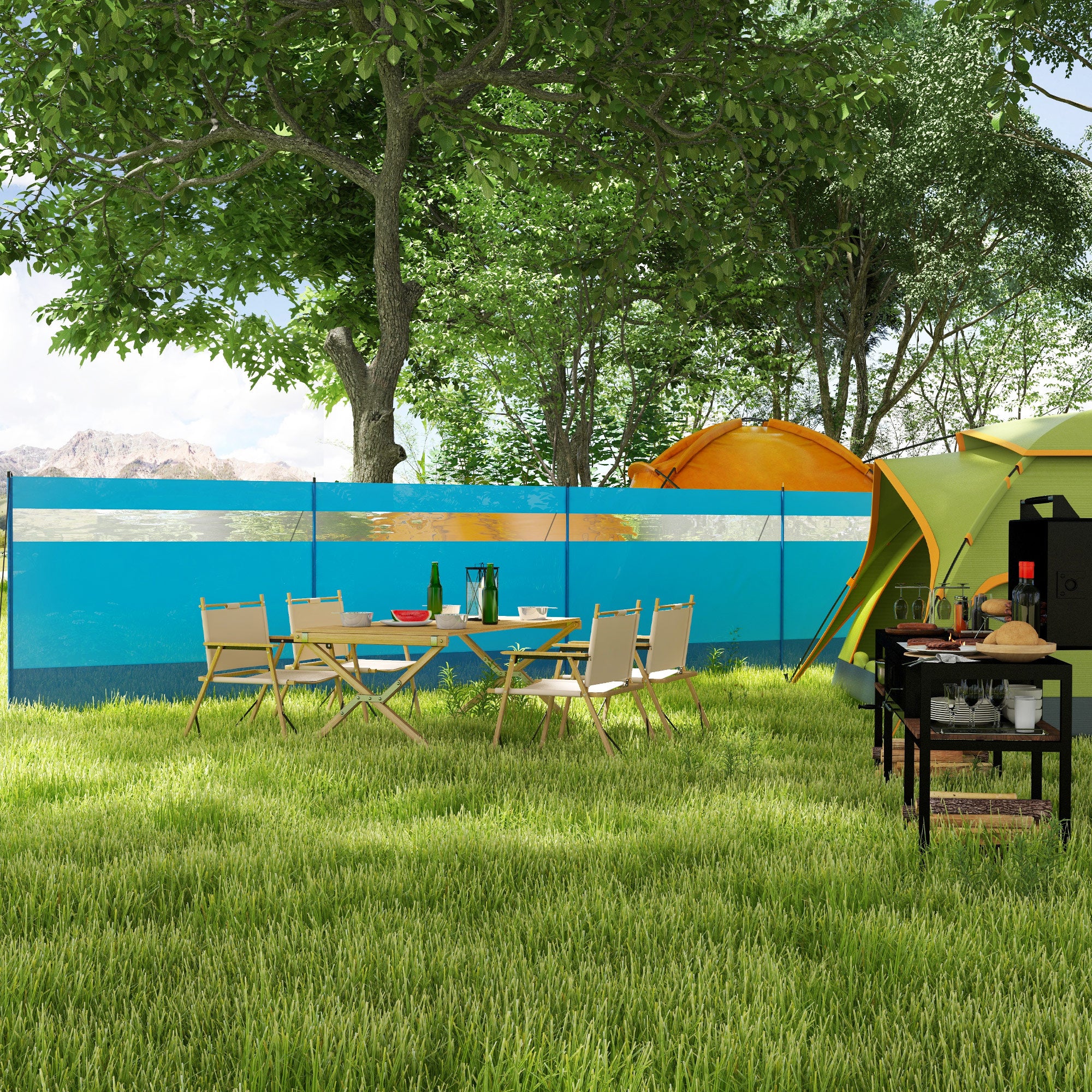 Foldable Windbreak Camping Privacy Screen with Light Window Poles Ropes Windshield Fence Beach Windshield Beach Protection for Camping Garden, Beach, Patio 725 x 140 cm Blue