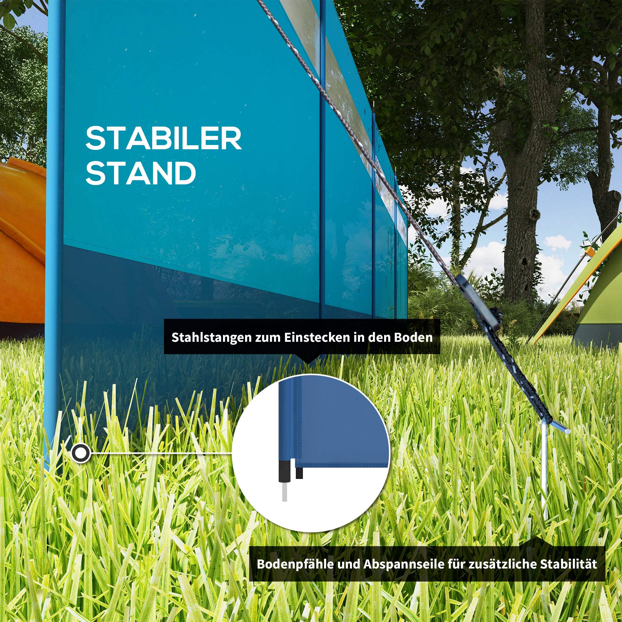 Foldable Windbreak Camping Privacy Screen with Light Window Poles Ropes Windshield Fence Beach Windshield Beach Protection for Camping Garden, Beach, Patio 725 x 140 cm Blue