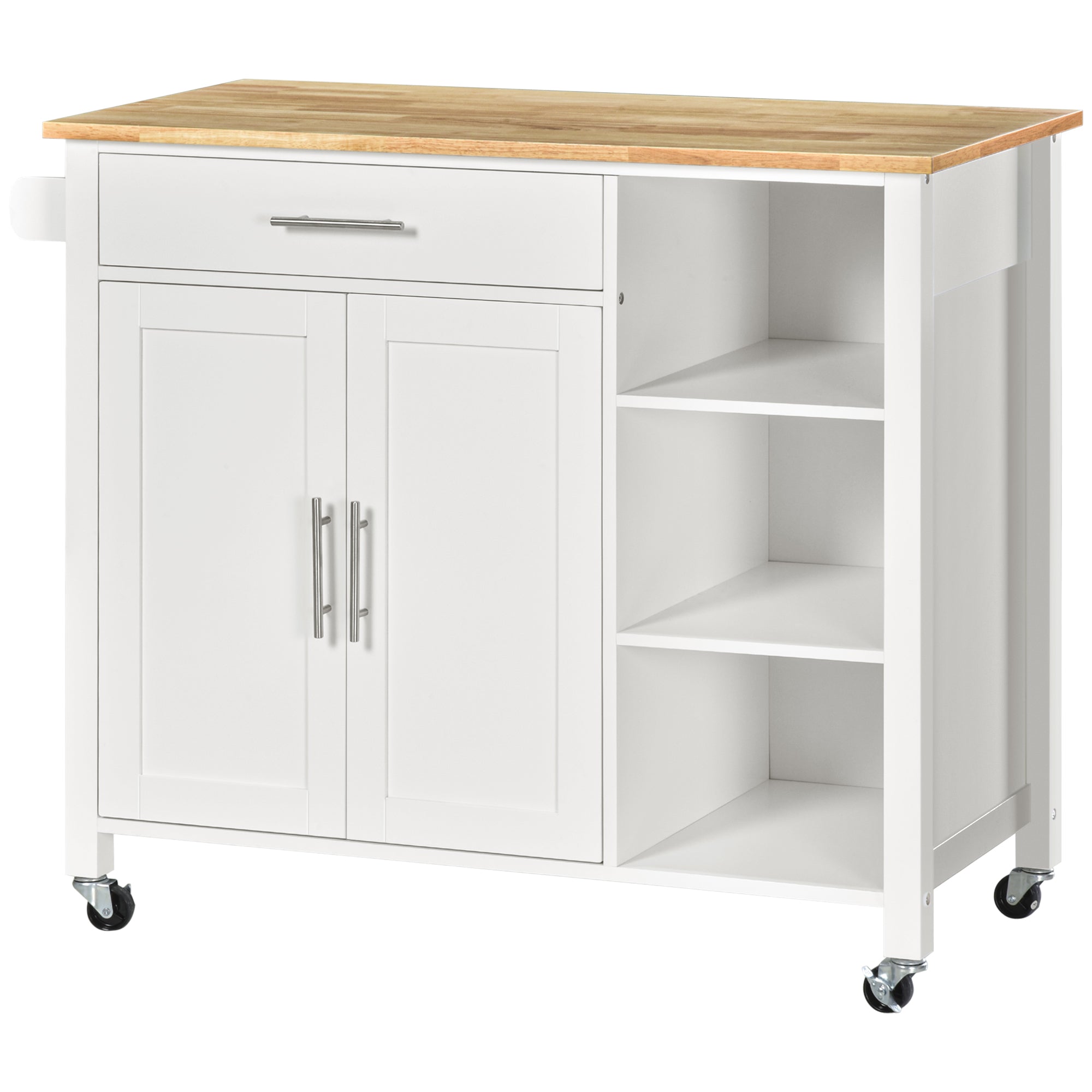 Kitchen Island with Wheels Kitchen Storage Cart with 1 Drawer 2 Doors 3 Open Shelves and Side Bar for Dining Room 107.5x48x89 cm White