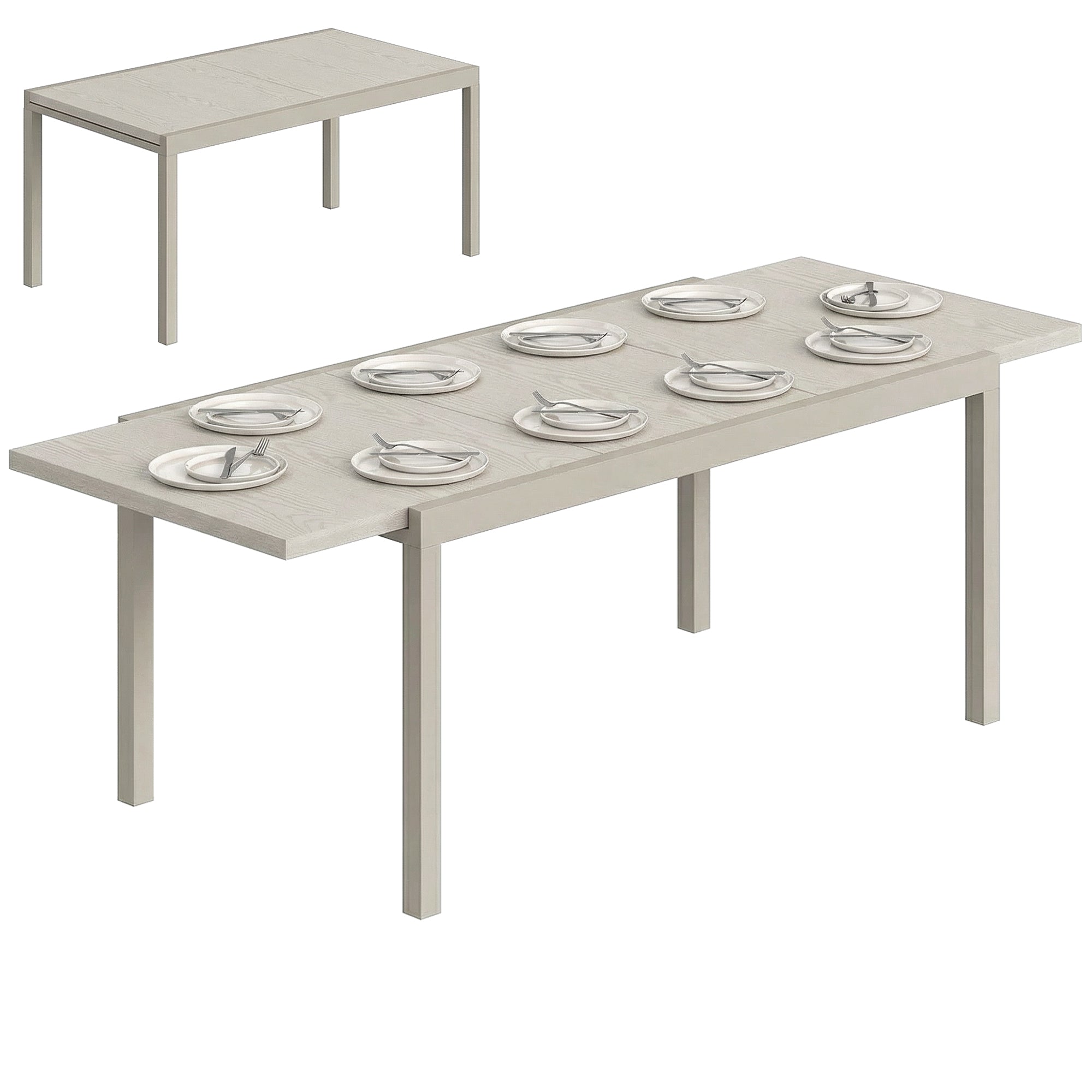 Extendable Garden Table, 60.6–84.3 in x 33.5 in Aluminum Dining Table for 8–10 People, Rectangular Balcony/Patio Table with Wood-Effect Top, Weatherproof — Light Gray