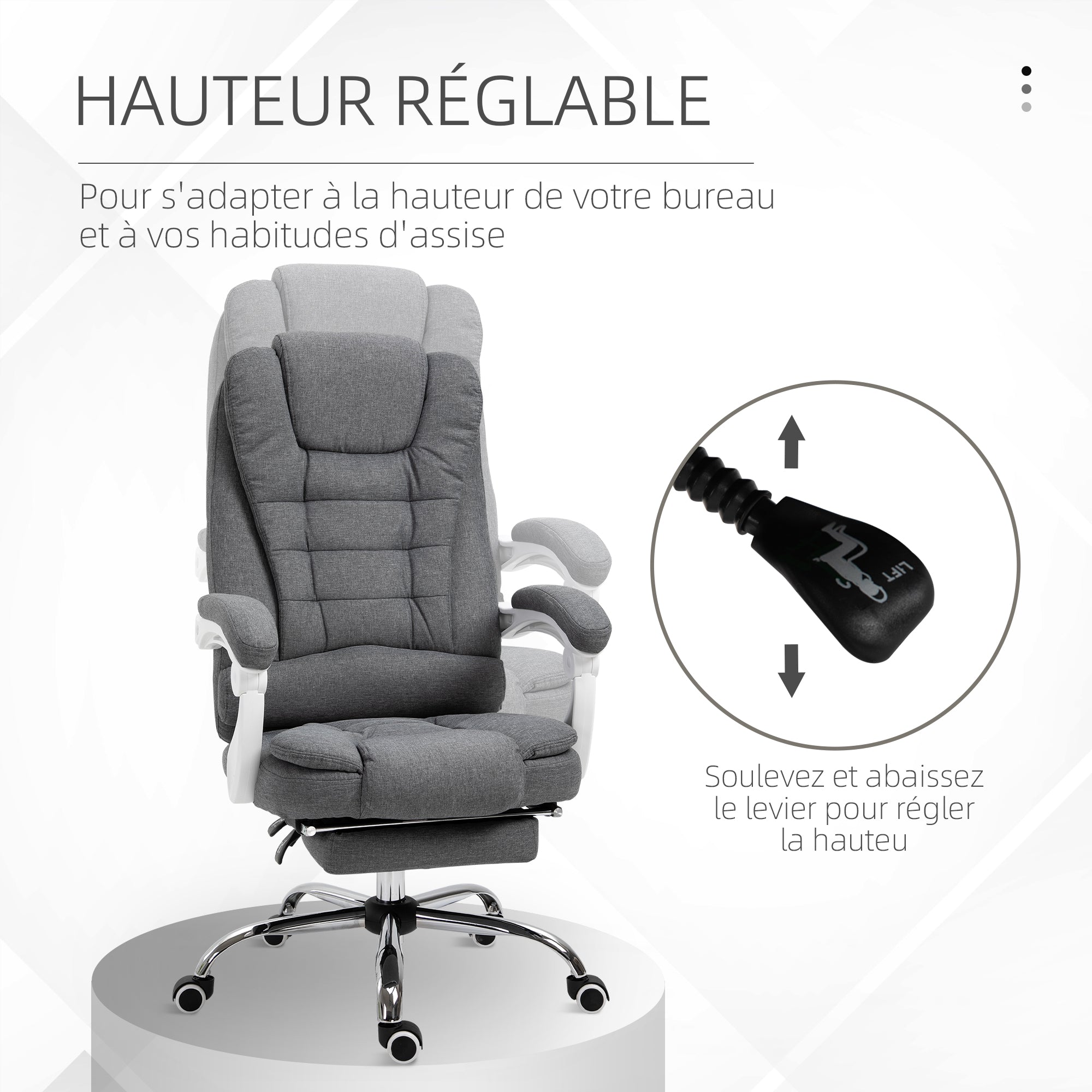 Ergonomic Office Chair with Footrest, Office Chair with Reclining Backrest, Padded Armrests, Linen-Like Grey Fabric