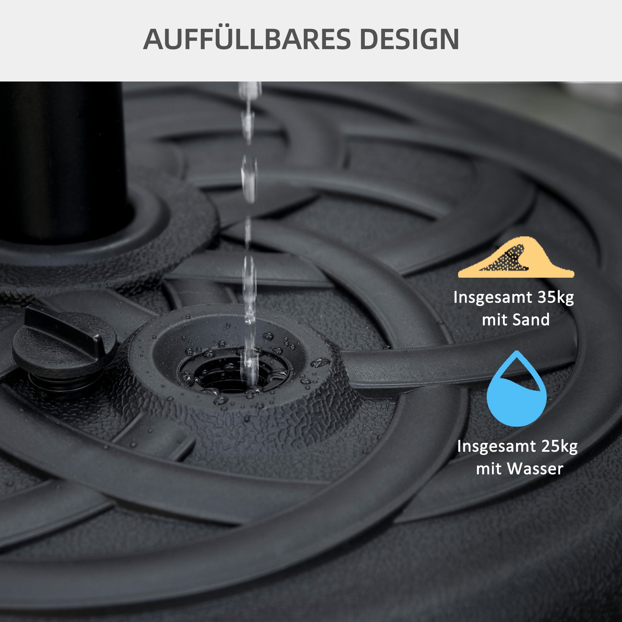 Parasol Stand Up to 35 kg Fillable Umbrella Stand, Round Parasol Holder, Umbrella Weight, Stand for Umbrella Ø38/48 mm, for Balcony, Terrace, Garden, Black