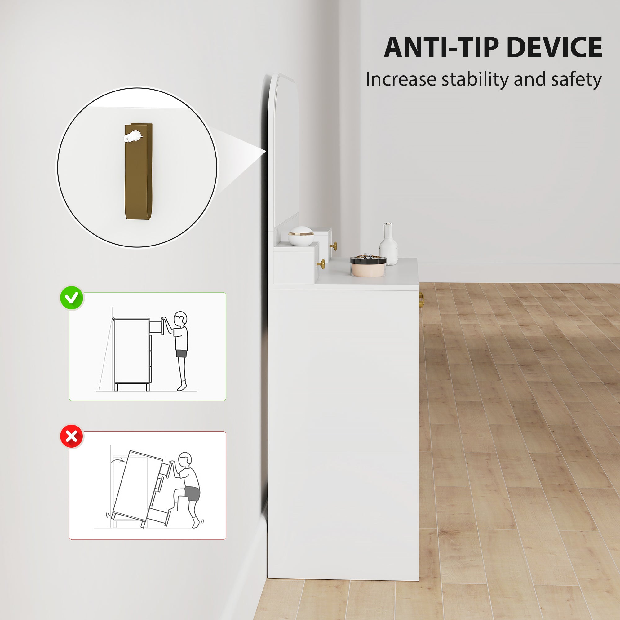 Curved-Mirror Vanity Table, 3-Drawer Makeup Desk for Small Spaces, White, 31.5 x 15.7 x 53.1 in