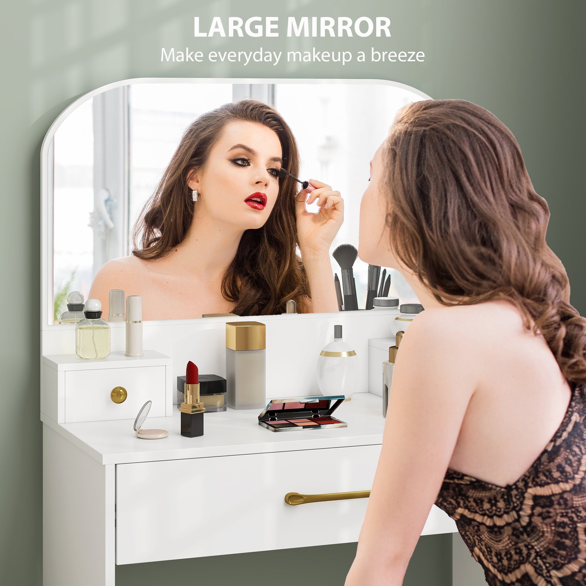 Curved-Mirror Vanity Table, 3-Drawer Makeup Desk for Small Spaces, White, 31.5 x 15.7 x 53.1 in