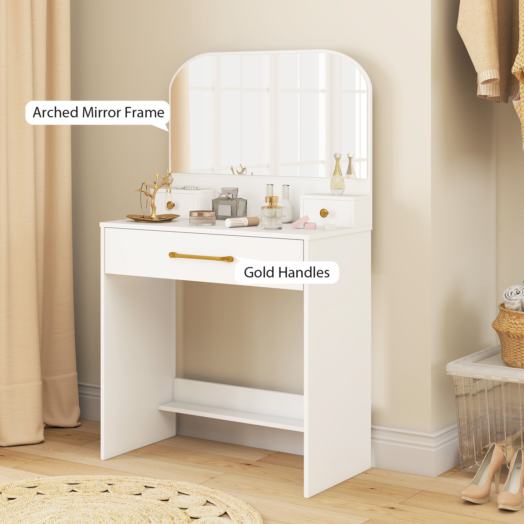 Curved-Mirror Vanity Table, 3-Drawer Makeup Desk for Small Spaces, White, 31.5 x 15.7 x 53.1 in