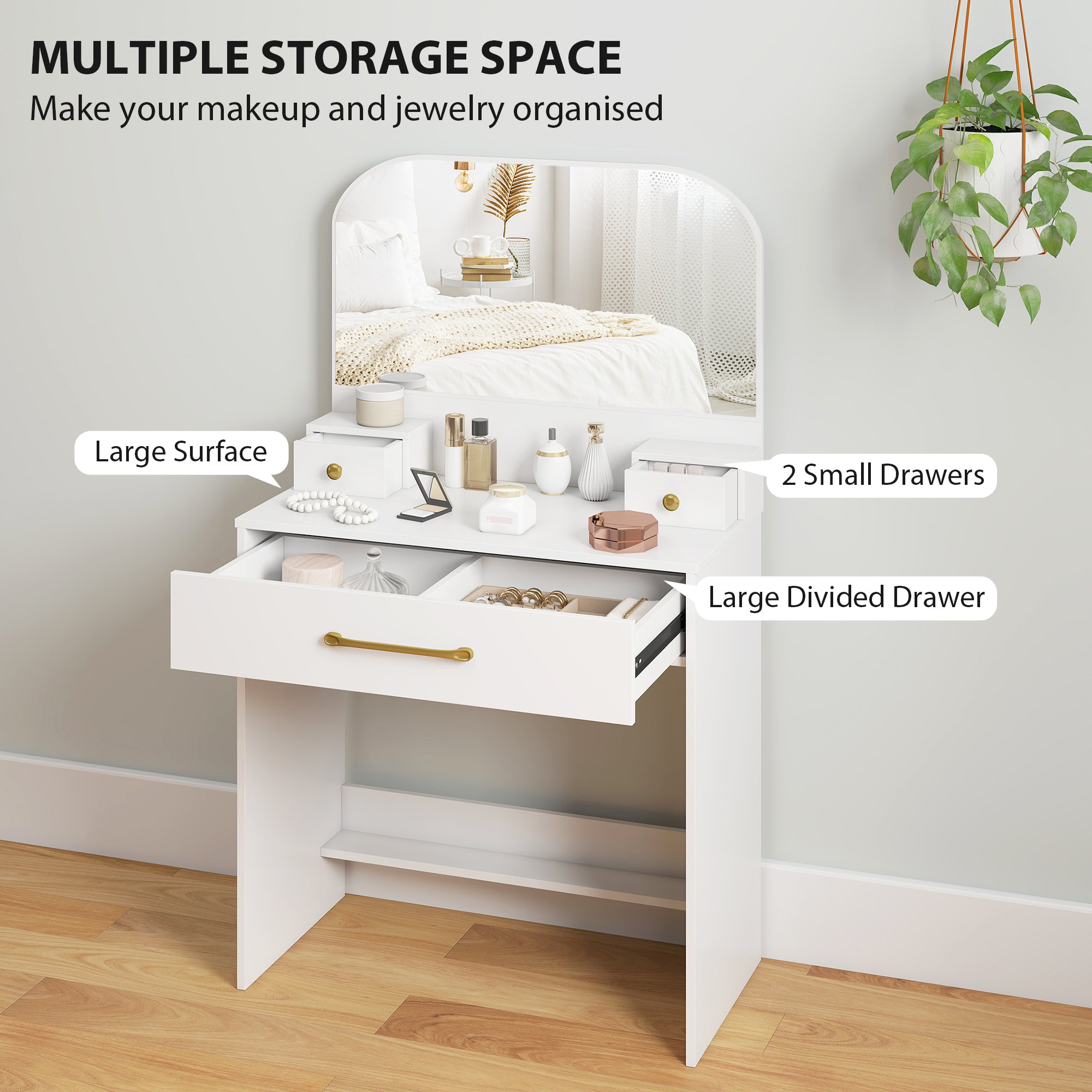 Curved-Mirror Vanity Table, 3-Drawer Makeup Desk for Small Spaces, White, 31.5 x 15.7 x 53.1 in