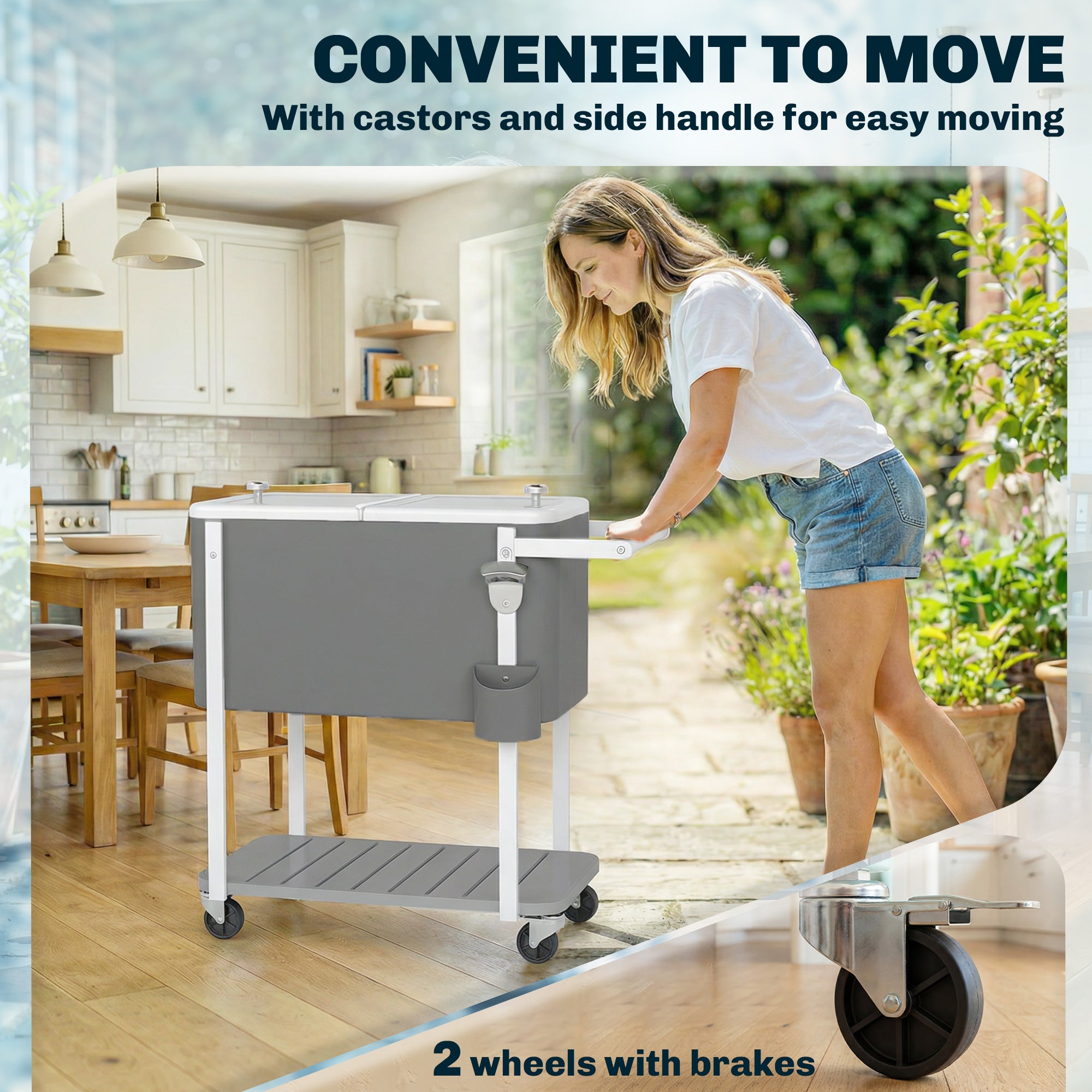 56L Wheeled Cooler Cart with Shelf, Bottle Opener, Cap Catcher, Drain & Handle — Outdoor Patio Party BBQ Cooler, 84 × 38 × 83 cm, Gray