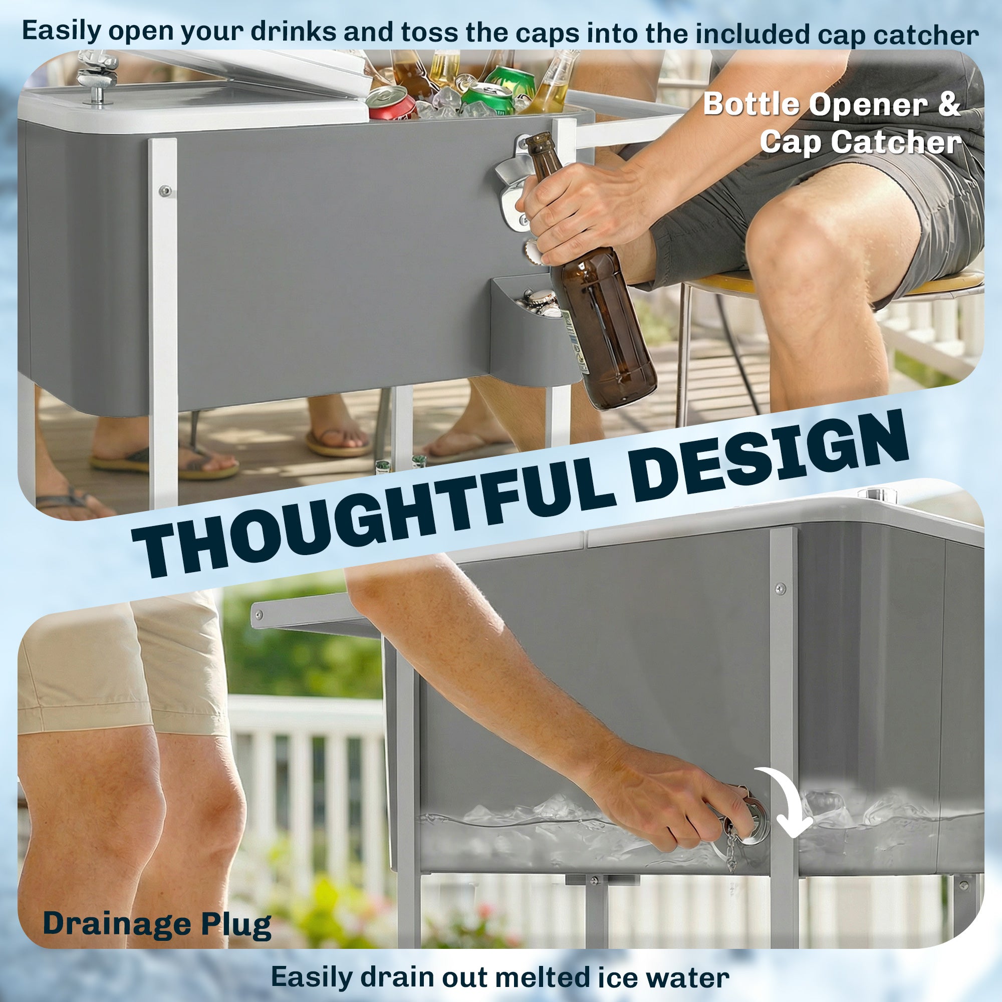 56L Wheeled Cooler Cart with Shelf, Bottle Opener, Cap Catcher, Drain & Handle — Outdoor Patio Party BBQ Cooler, 84 × 38 × 83 cm, Gray