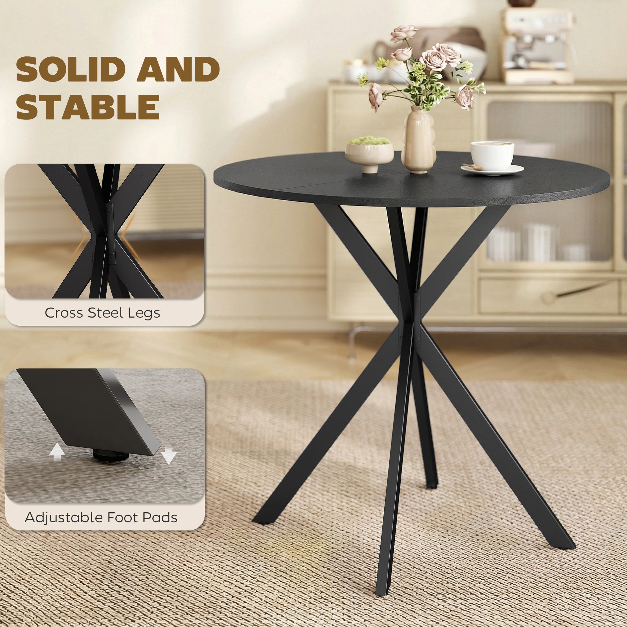 Round 31.5 in Industrial Dining Table with Steel X-Legs, 2-Person Kitchen Table, Black