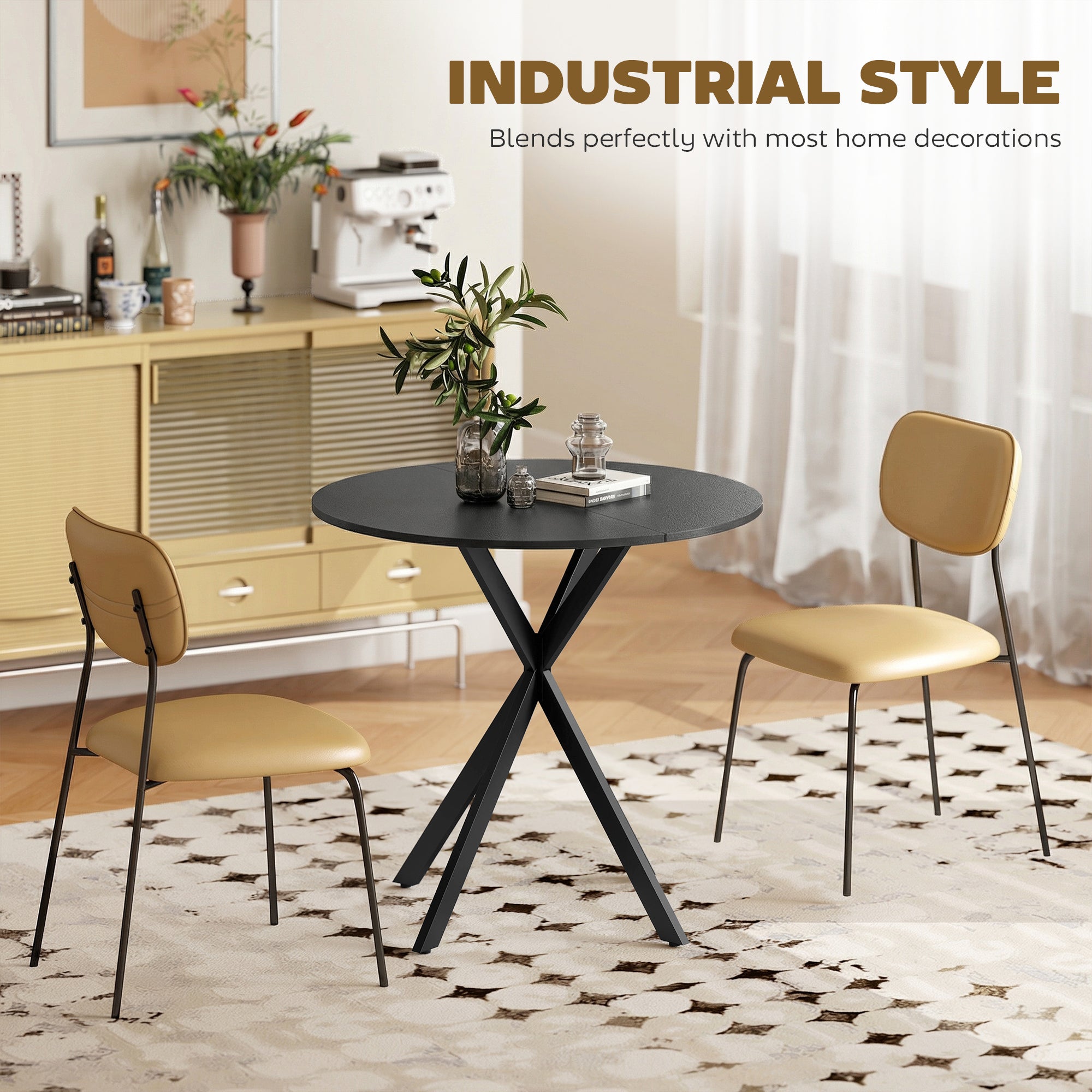 Round 31.5 in Industrial Dining Table with Steel X-Legs, 2-Person Kitchen Table, Black