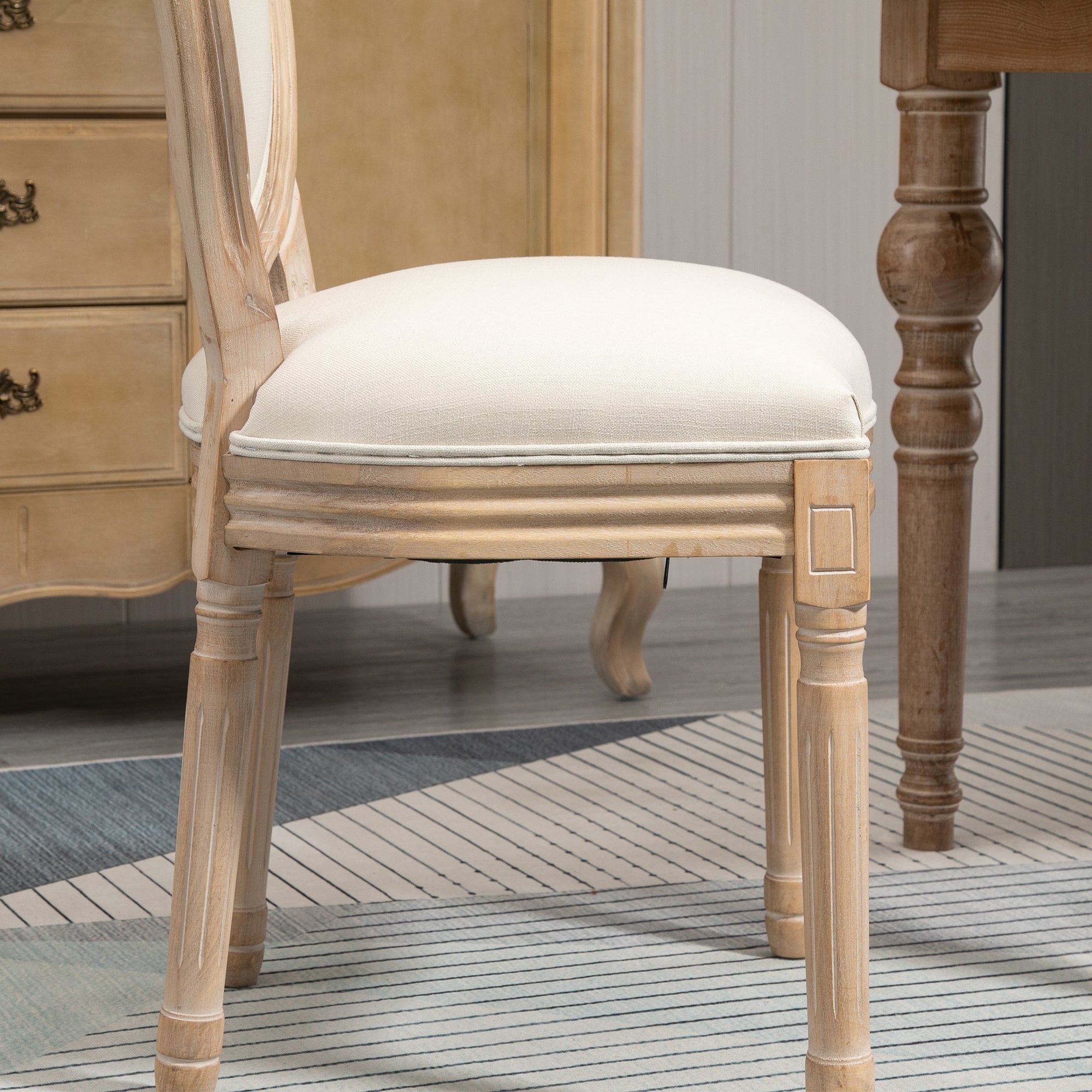 Set of 2 Dining Chairs Vintage Kitchen Chair Upholstered Chair with Backrest Linen-Touch Solid Wood Cream White+Natural 49 x 56 x 96 cm