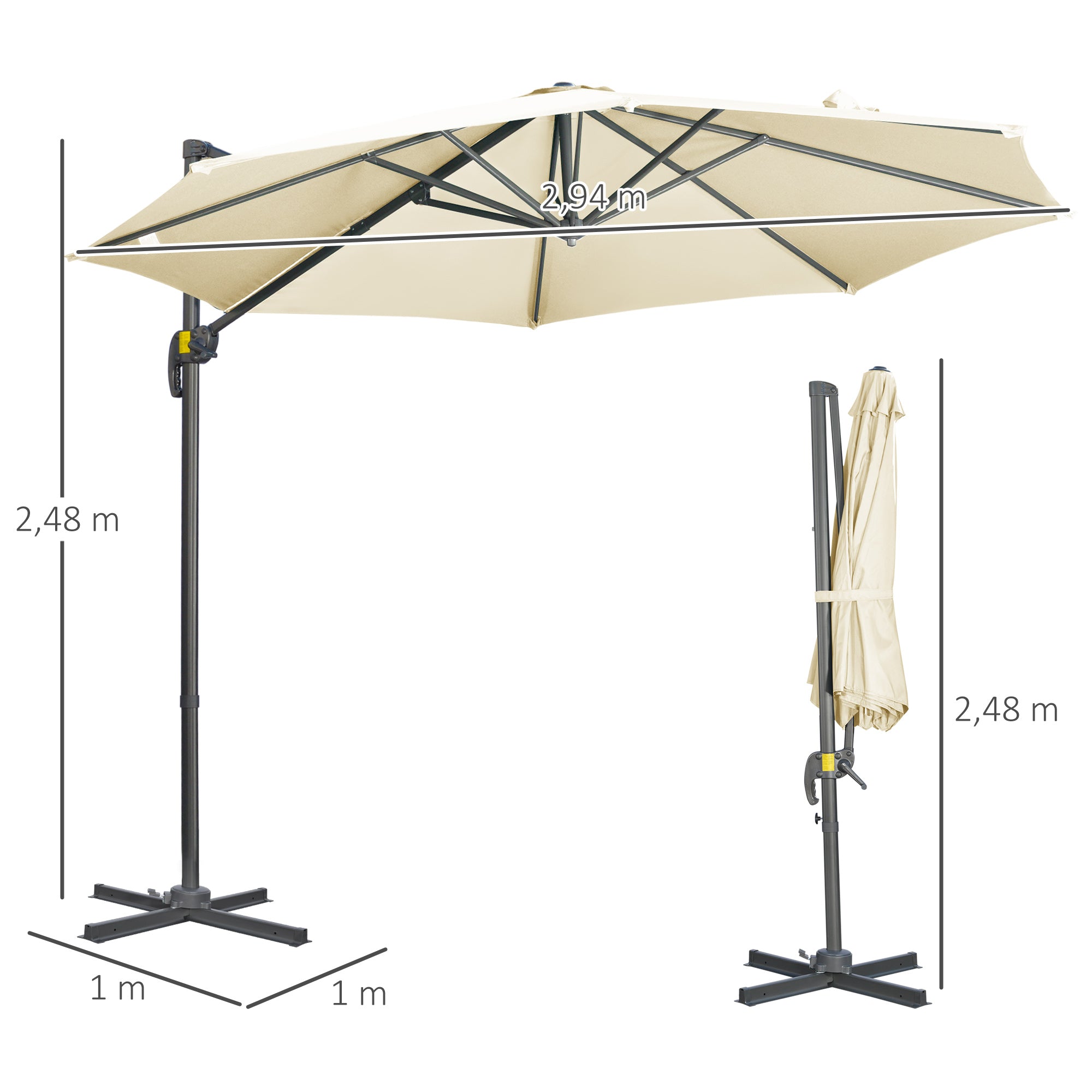 Garden Umbrella Ø300x250 cm Eccentric Aluminum Parasol with Crank Tilt Rotating 360° Canopy with Cross Base Cream