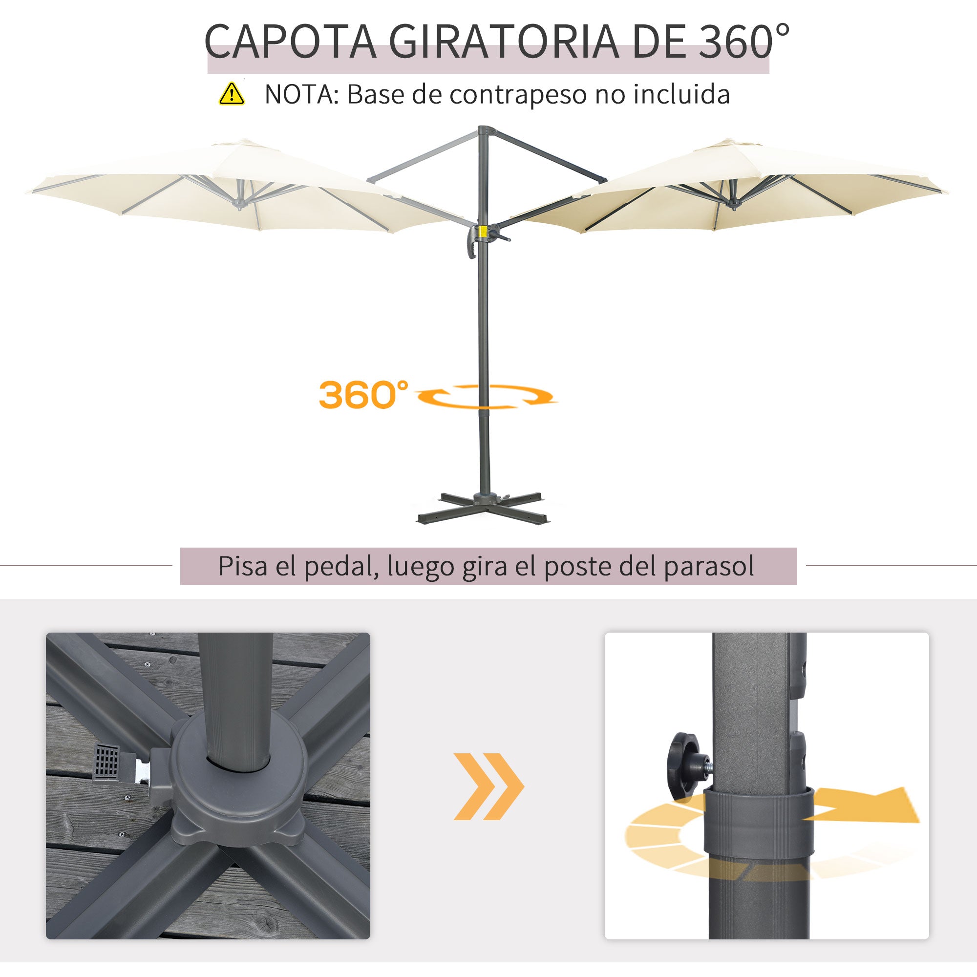 Garden Umbrella Ø300x250 cm Eccentric Aluminum Parasol with Crank Tilt Rotating 360° Canopy with Cross Base Cream