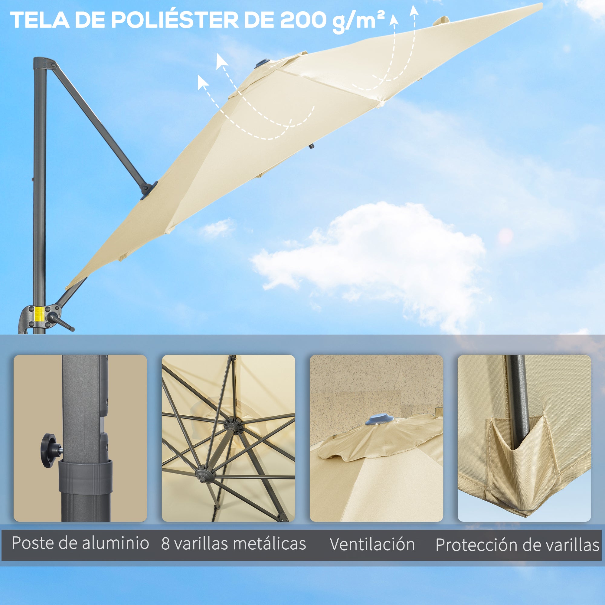 Garden Umbrella Ø300x250 cm Eccentric Aluminum Parasol with Crank Tilt Rotating 360° Canopy with Cross Base Cream