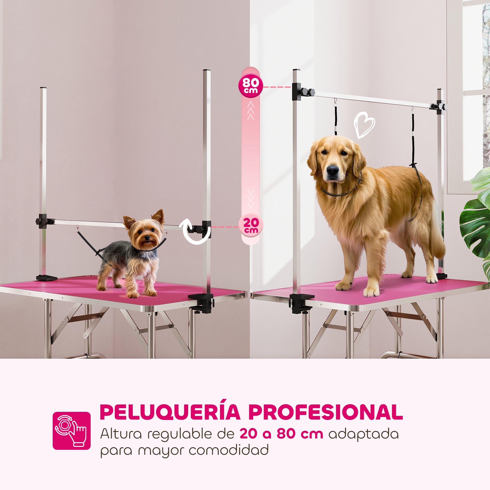Folding Pet Grooming Table with Metal Mesh Basket, Non-Slip Top, Adjustable Stainless Steel Arm — For Dogs & Cats, 107 x 60 x 164 cm (42.1 x 23.6 x 64.6 in), Pink
