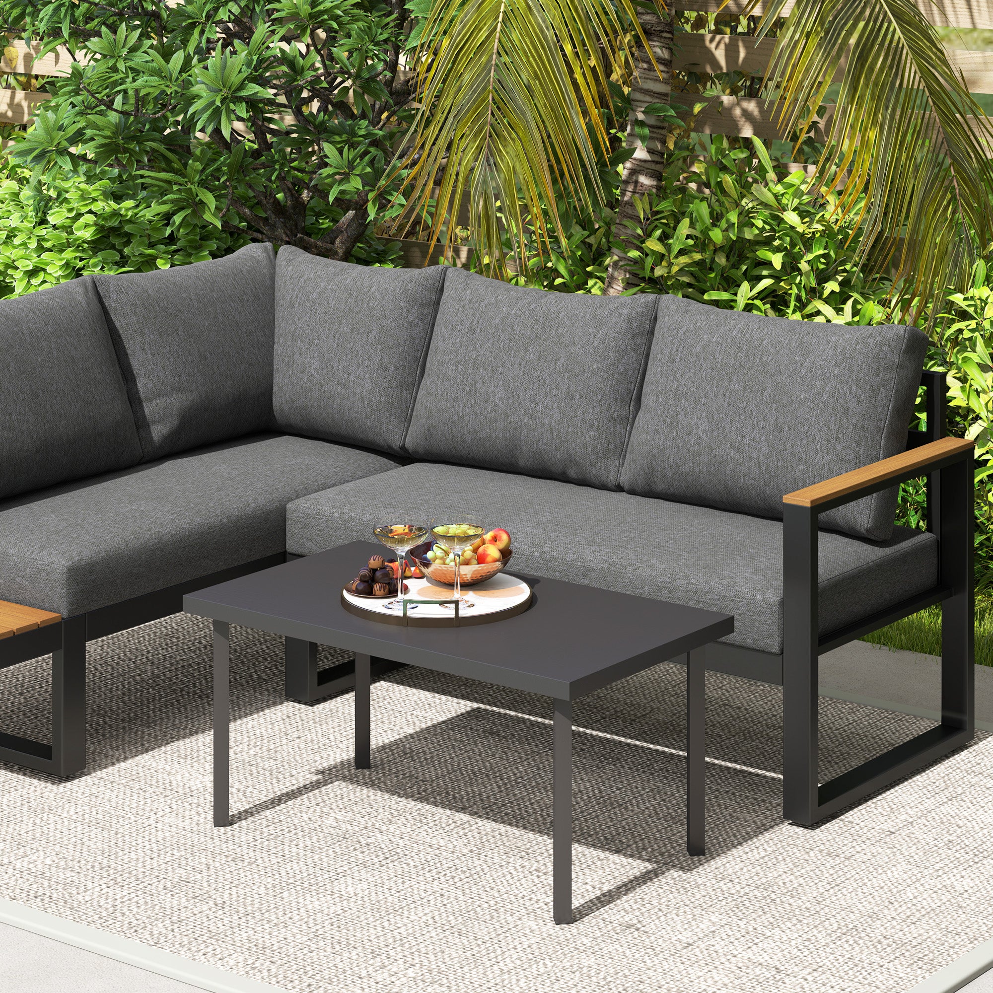 Rectangular garden coffee table, patio side table with wood grain effect, metal frame, for terrace, balcony, 95 x 55 x 46 cm, black