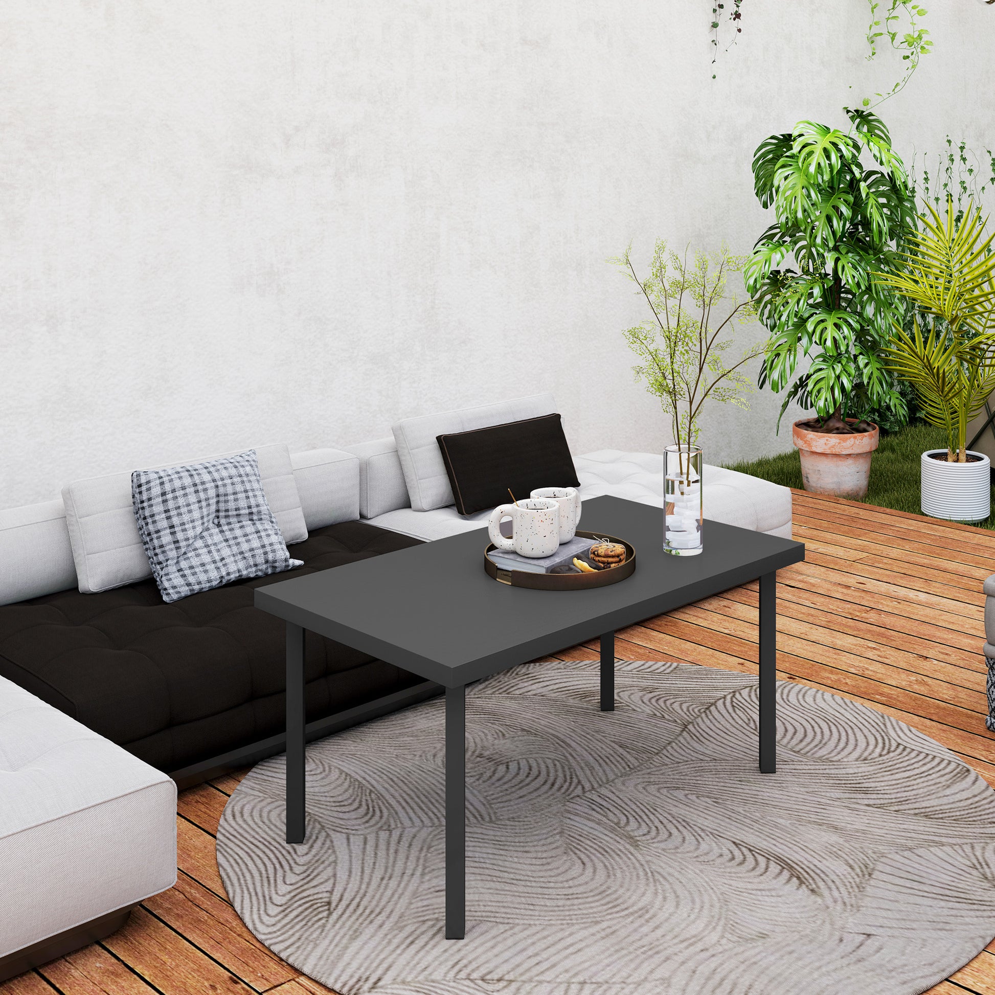 Rectangular garden coffee table, patio side table with wood grain effect, metal frame, for terrace, balcony, 95 x 55 x 46 cm, black