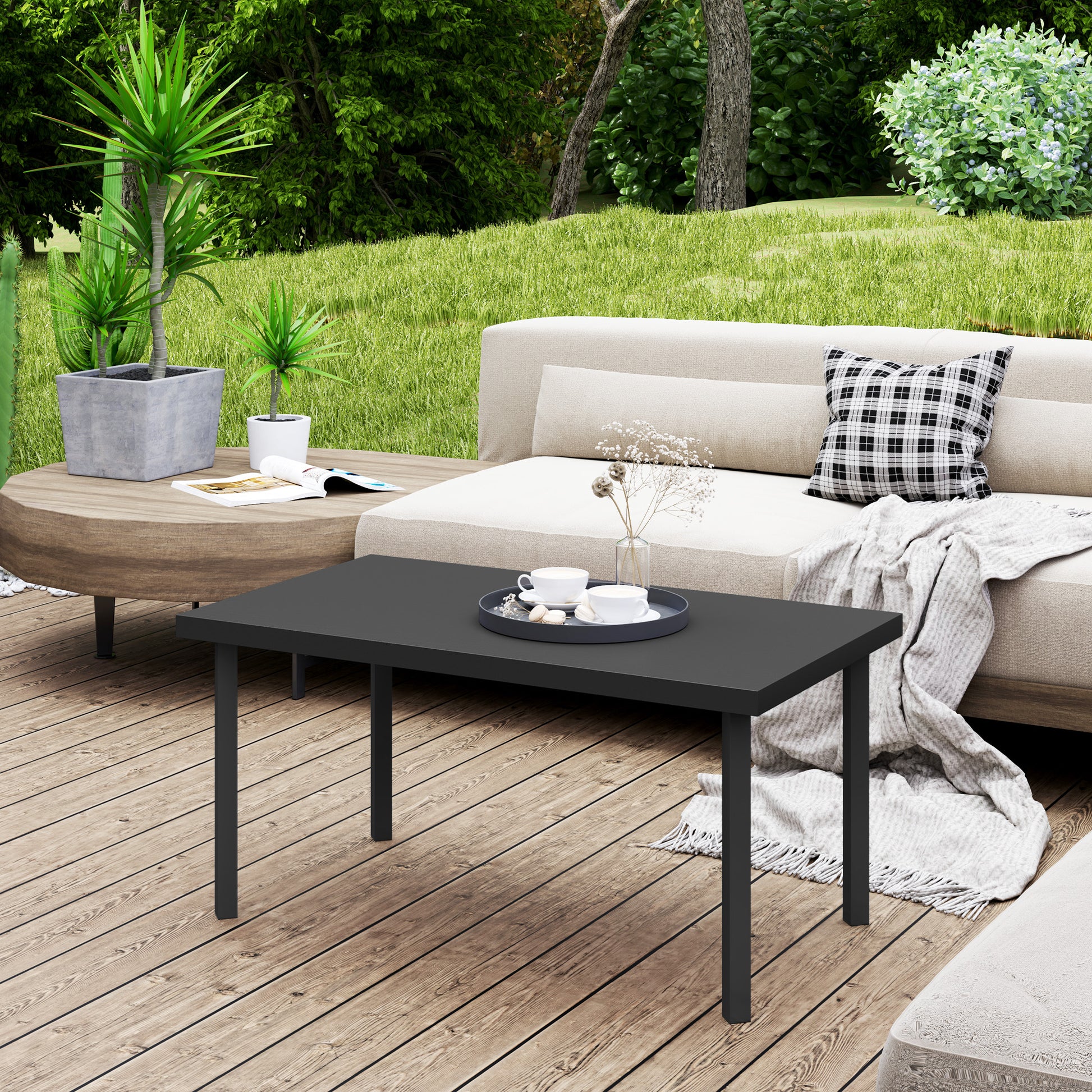 Rectangular garden coffee table, patio side table with wood grain effect, metal frame, for terrace, balcony, 95 x 55 x 46 cm, black