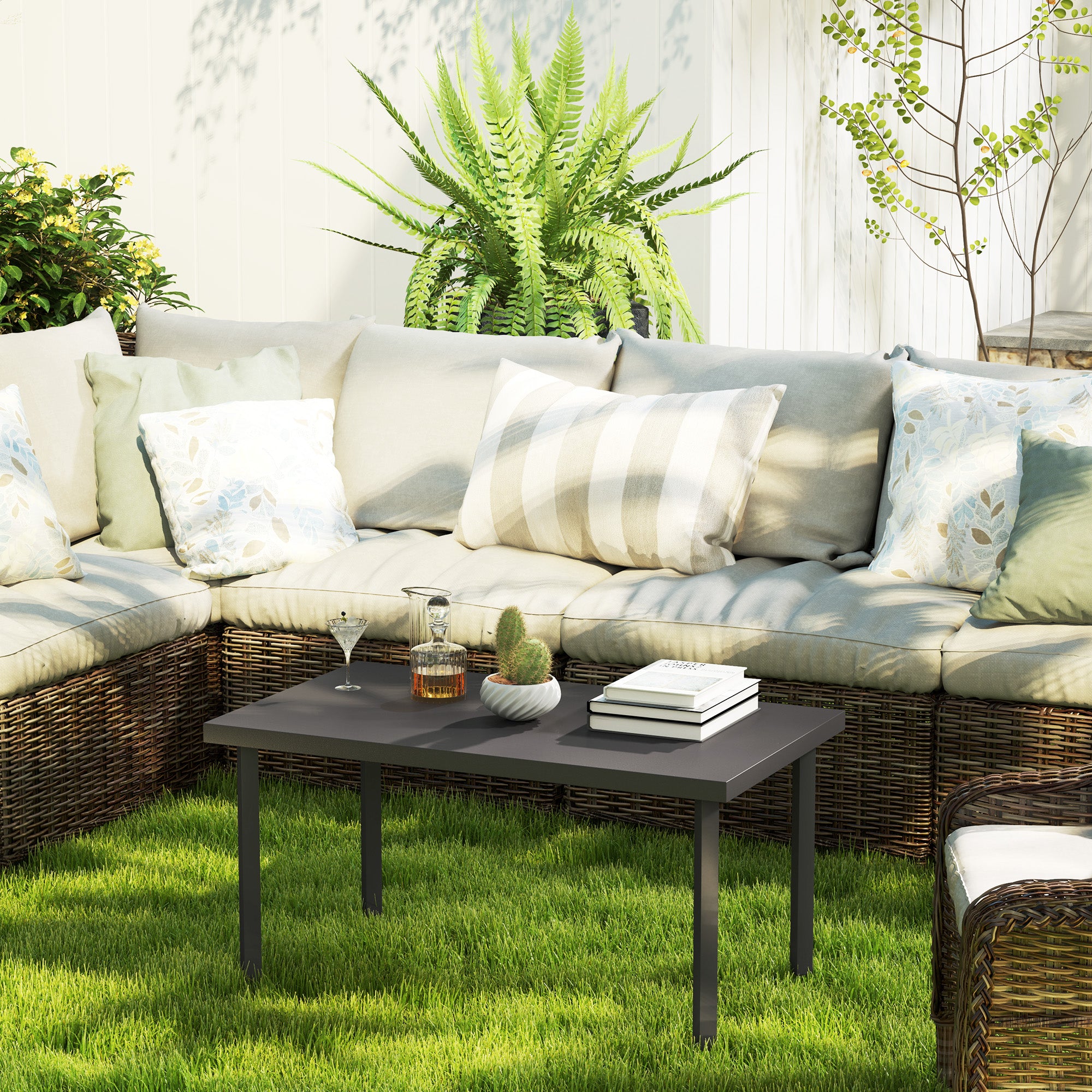 Rectangular garden coffee table, patio side table with wood grain effect, metal frame, for terrace, balcony, 95 x 55 x 46 cm, black