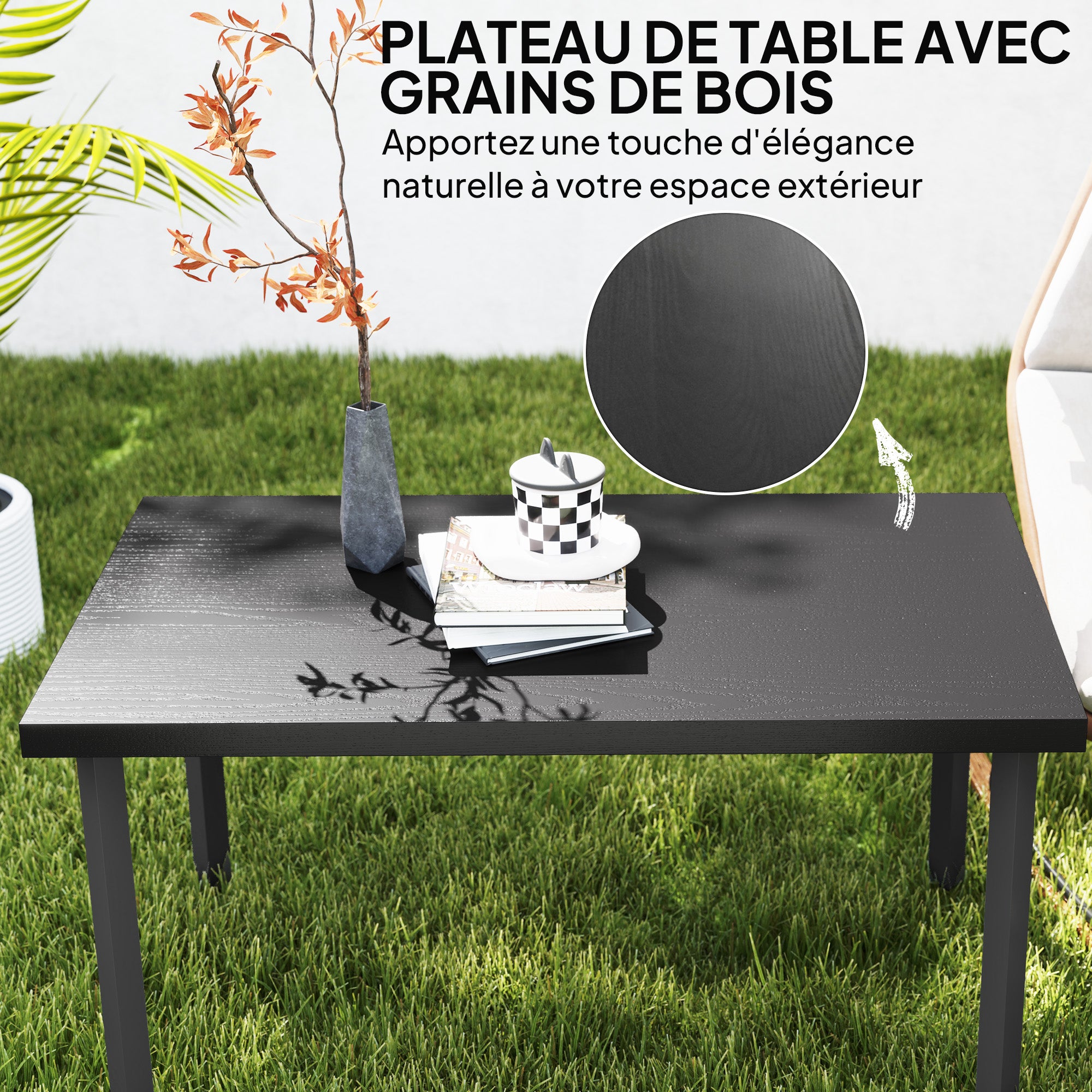 Rectangular garden coffee table, patio side table with wood grain effect, metal frame, for terrace, balcony, 95 x 55 x 46 cm, black