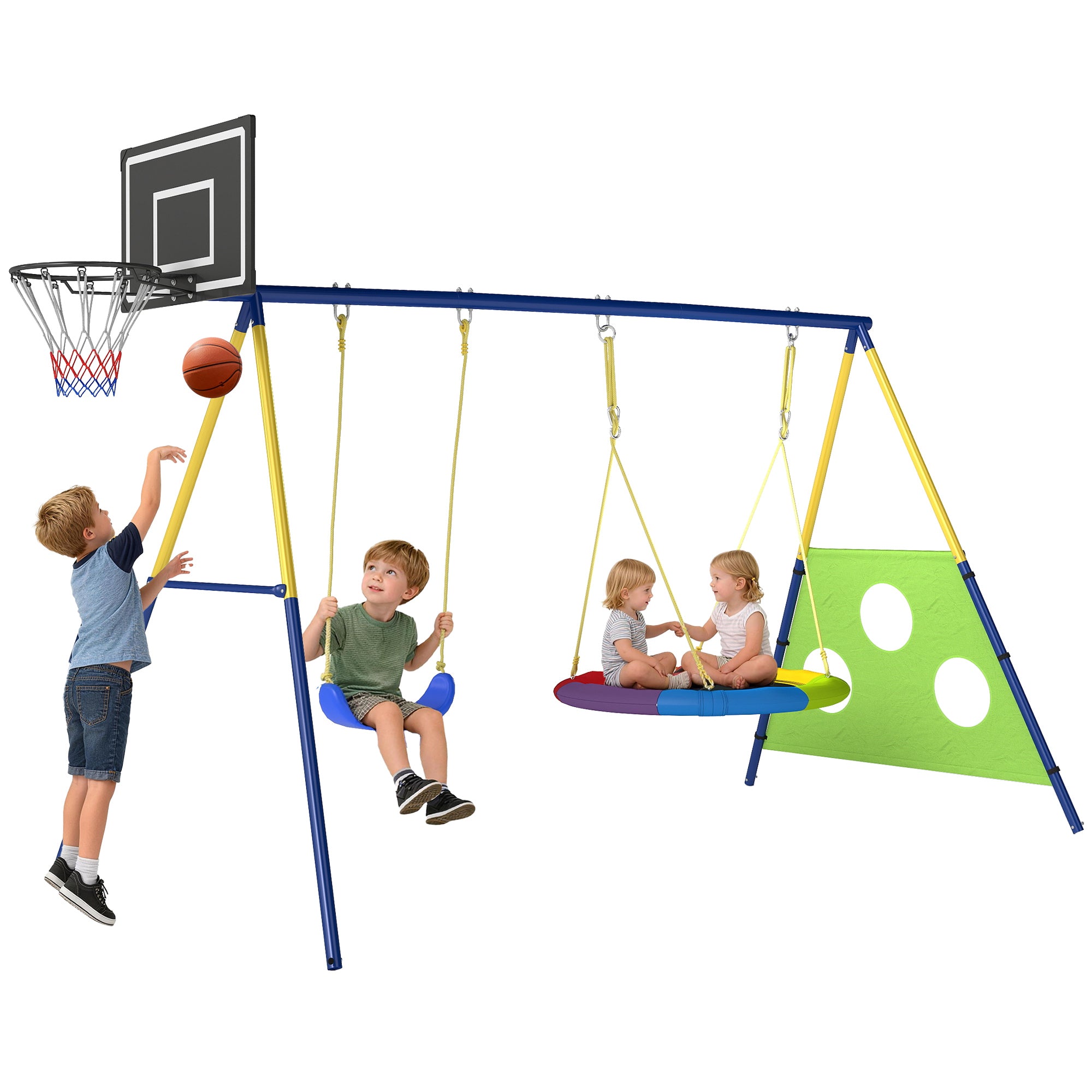 4-in-1 Kids Swing Set – Steel A-Frame, Nest Disc Swing, Single Seat, Basketball Hoop & Soccer Goal, Adjustable Ropes, Fits Children Ages 3–8, 113.4 x 63.0 x 86.6 in (288 x 160 x 220 cm)