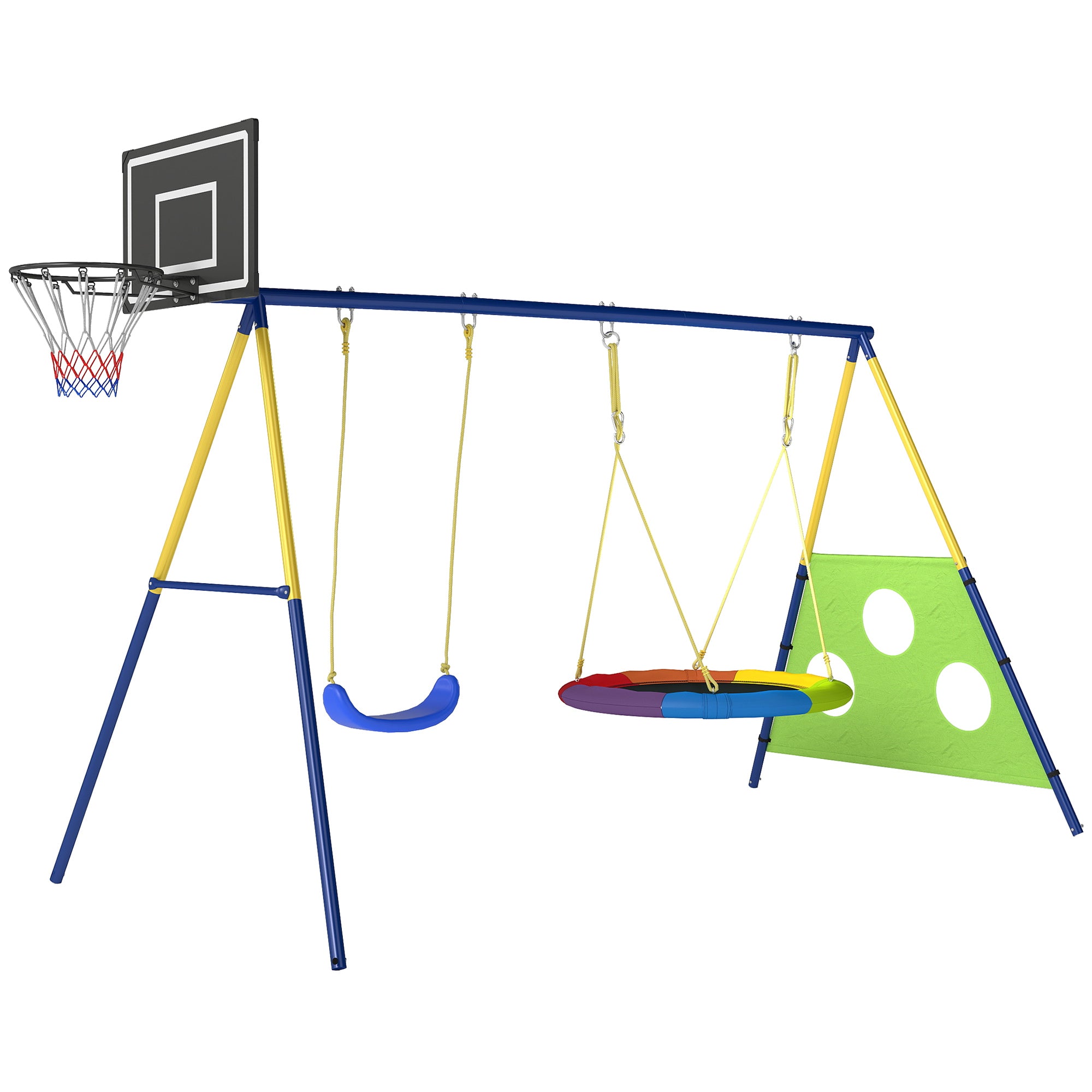 4-in-1 Kids Swing Set – Steel A-Frame, Nest Disc Swing, Single Seat, Basketball Hoop & Soccer Goal, Adjustable Ropes, Fits Children Ages 3–8, 113.4 x 63.0 x 86.6 in (288 x 160 x 220 cm)